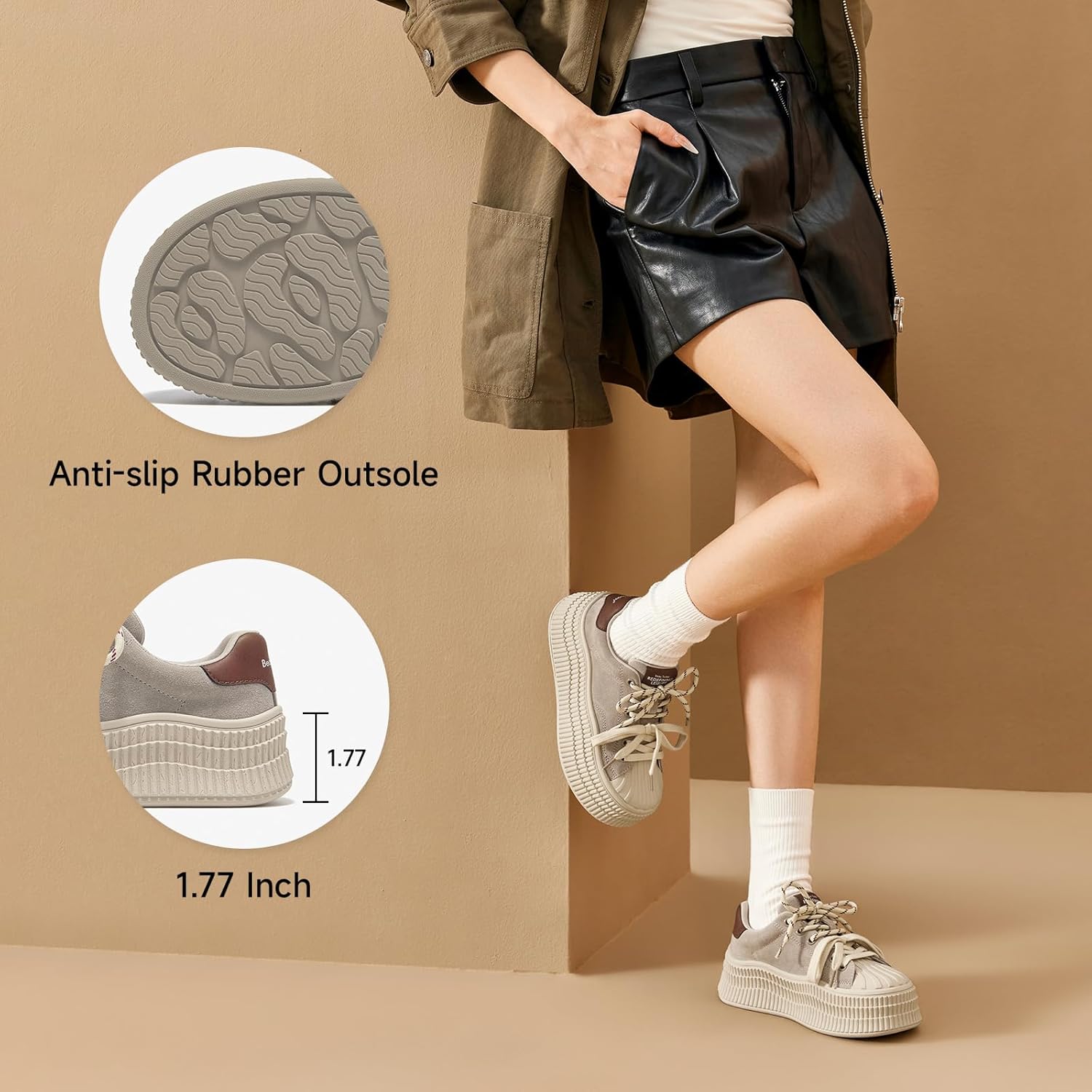 BEAU TODAY Platform Sneakers for Women, Casual Leather Suede Ladies Sneakers, Comfortable Retro Cute Lace-up Tennis Fall Shoes - Image 3