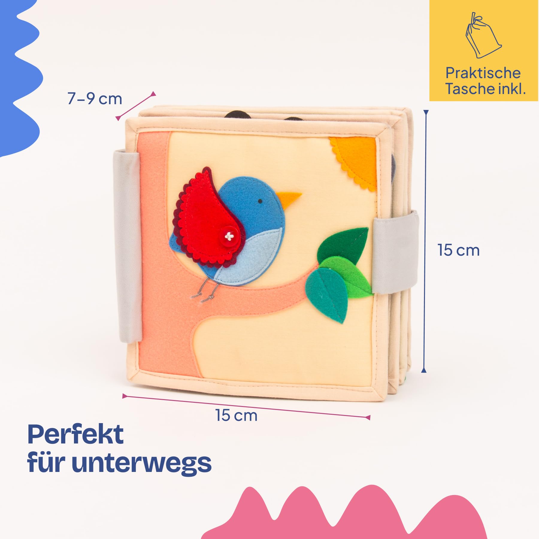 Jolly Designs® Premium Quiet Book para bebés y niños pequeños | Montessori juguetes a partir de 1 año | libro de habilidades motoras de fieltro con diversas actividades | promover la motricidad fina,