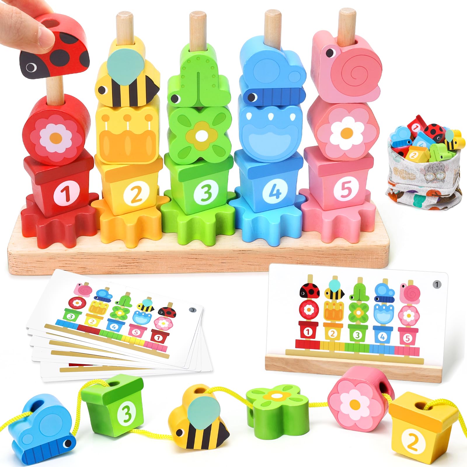 Montessori Toys for 2 3 4 Year Old Girls Boys: Wooden Stacking Toys Building Blocks Set | Fine Motor Skills Toys for Toddlers 2-5 | 2 Year Old Girl Gifts Educational Sorting & Threading Game