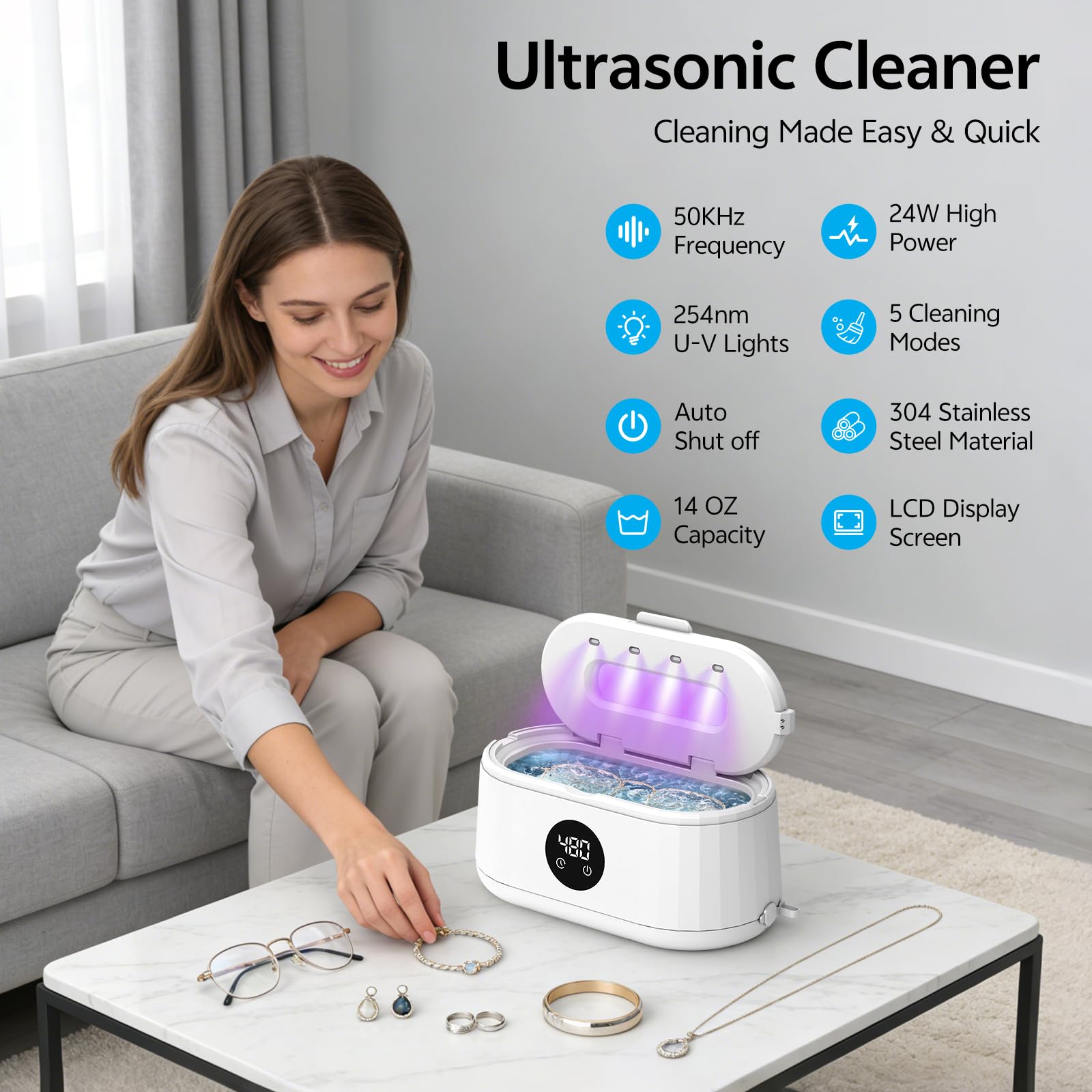 Limpiador ultrasónico de joyas, máquina limpiadora ultrasónica de 50 kHz para joyas, lentes, anillos, correas de reloj, cabezales de cepillo de dientes, dentaduras postizas, retenedores, modo de