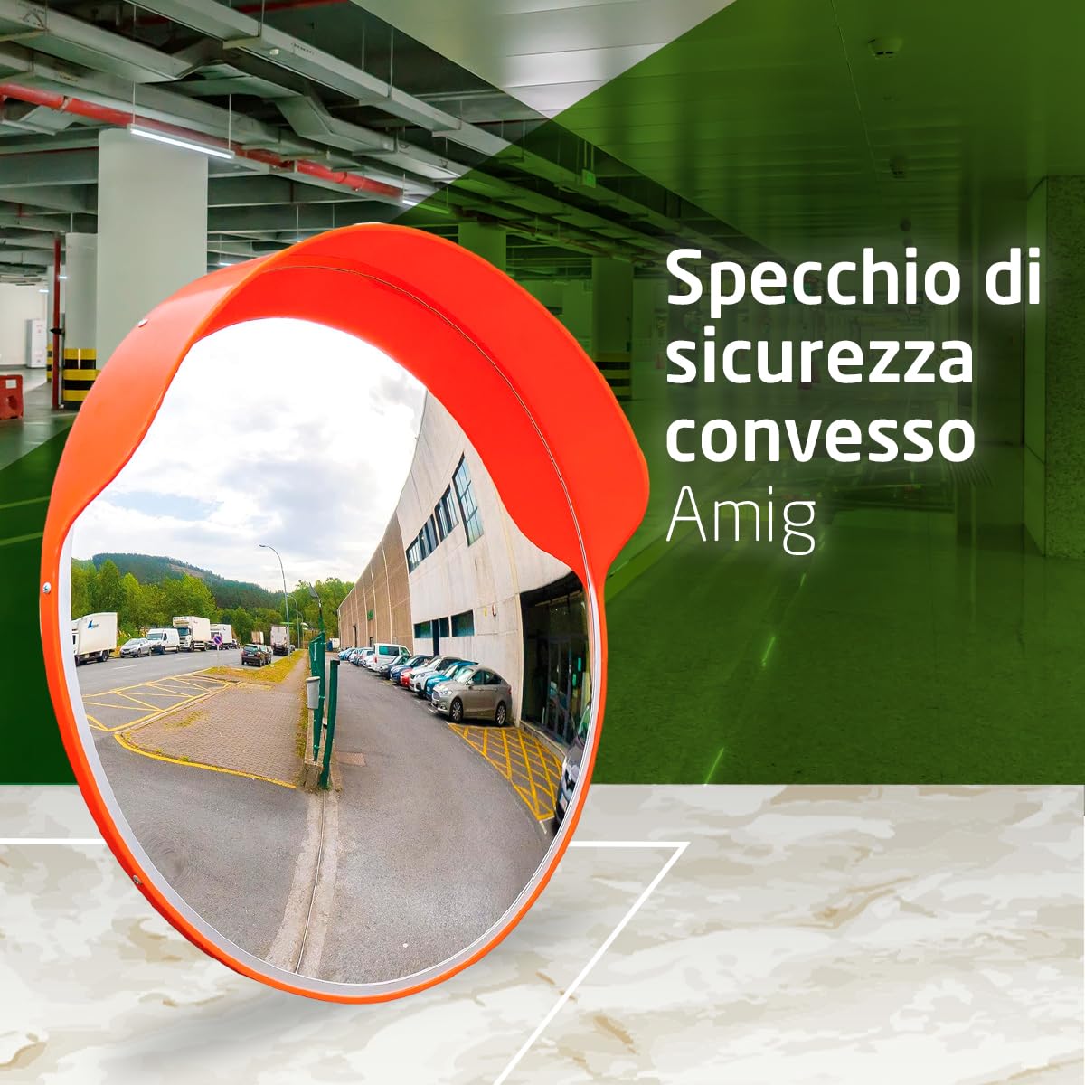 Amig - Specchio convesso di sicurezza e sorveglianza con visiera Ø60 cm diametro | Specchio stradale | Visione negli angoli ciechi, nelle colonne e negli angoli di negozi e garage | Arancia