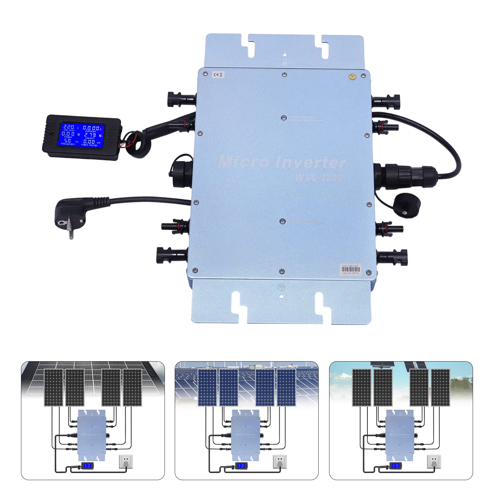 Inversor solar microinversor 1200 W 220 V impermeable con pantalla LCD pantalla solar inversor de red para paneles solares de 30 V o 36 V, funciona con pilas de 36 V