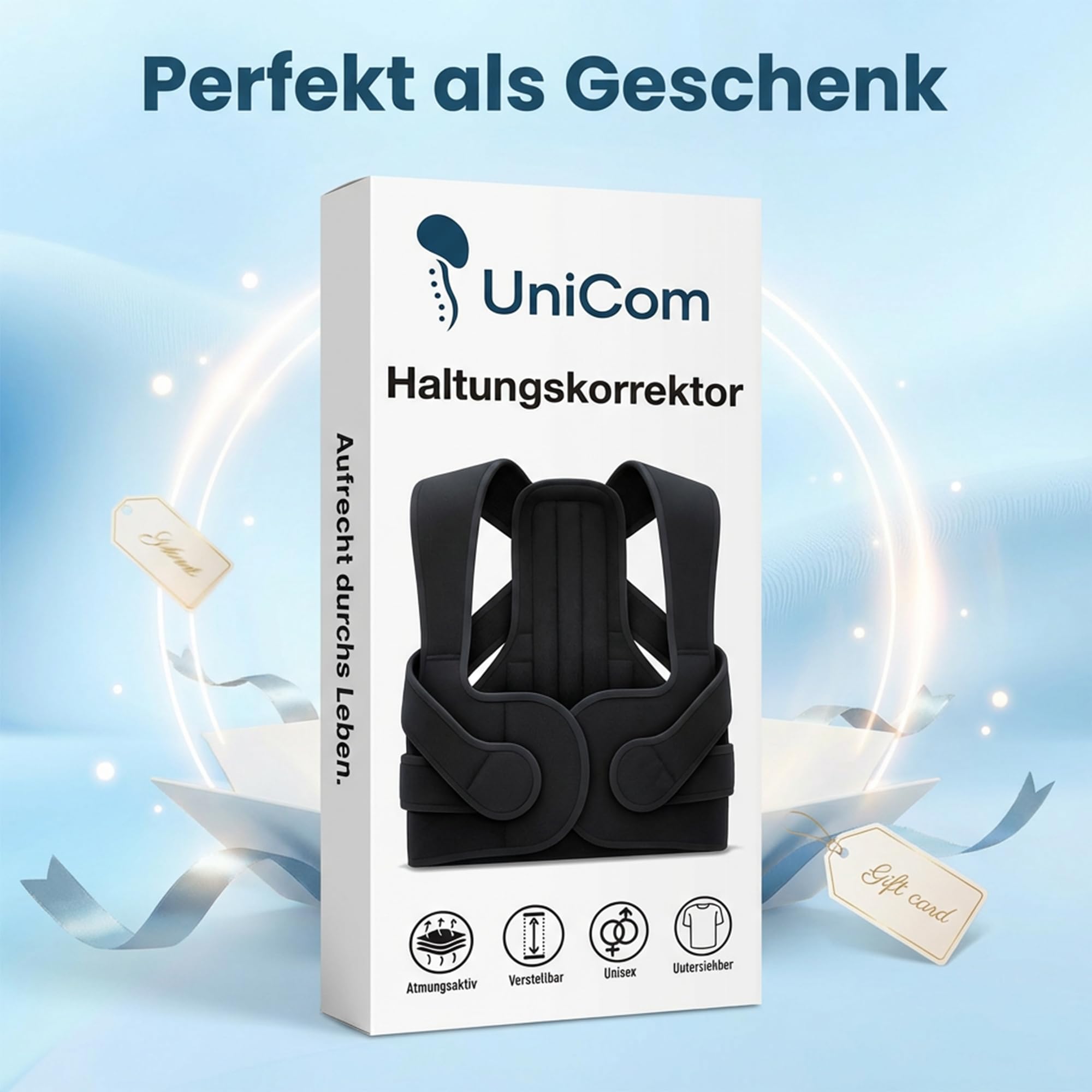 UniCom Corrector de postura para mujeres y hombres: cinturón de soporte lumbar, vendaje para hombros, soporte recto de espalda, espalda y espalda, correa para la espalda, correa para el hombro