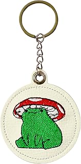 Frog Mushroom Keychain – Handmade Embroidered White PU Leather Bag Charm, Cute Frog Gift, Mushroom Keychains for Women, Animal Purse Charm, Unique Frog Accessories