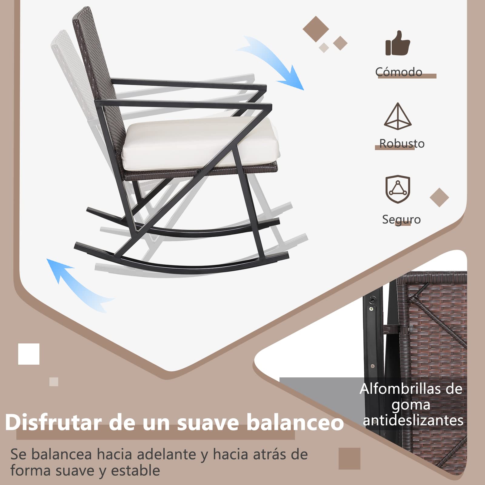 COSTWAY Conjunto de Mecedora de Jardín 3 Piezas, Sillas de Mecedora de Mimbre PE con Cojín Lavable y Mesa Auxiliar, Mesa y Sillas Terraza, Piscina, Balcón
