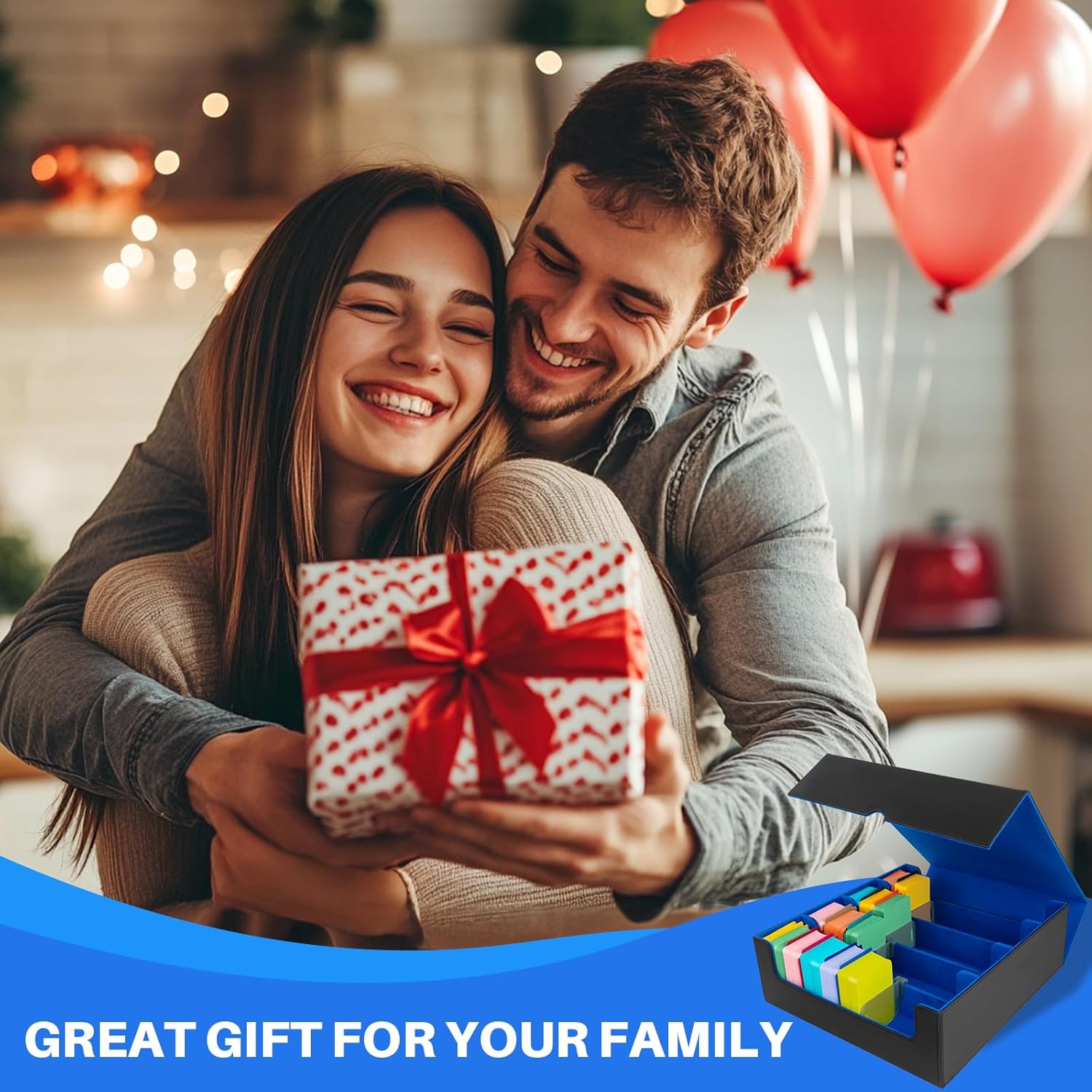 Collectible Trading Card Case - 4 Rows with 24 Card Dividers & 4 Card Supporters, PU Leather Case for MTG, Game & Sport Cards (Black & Blue)