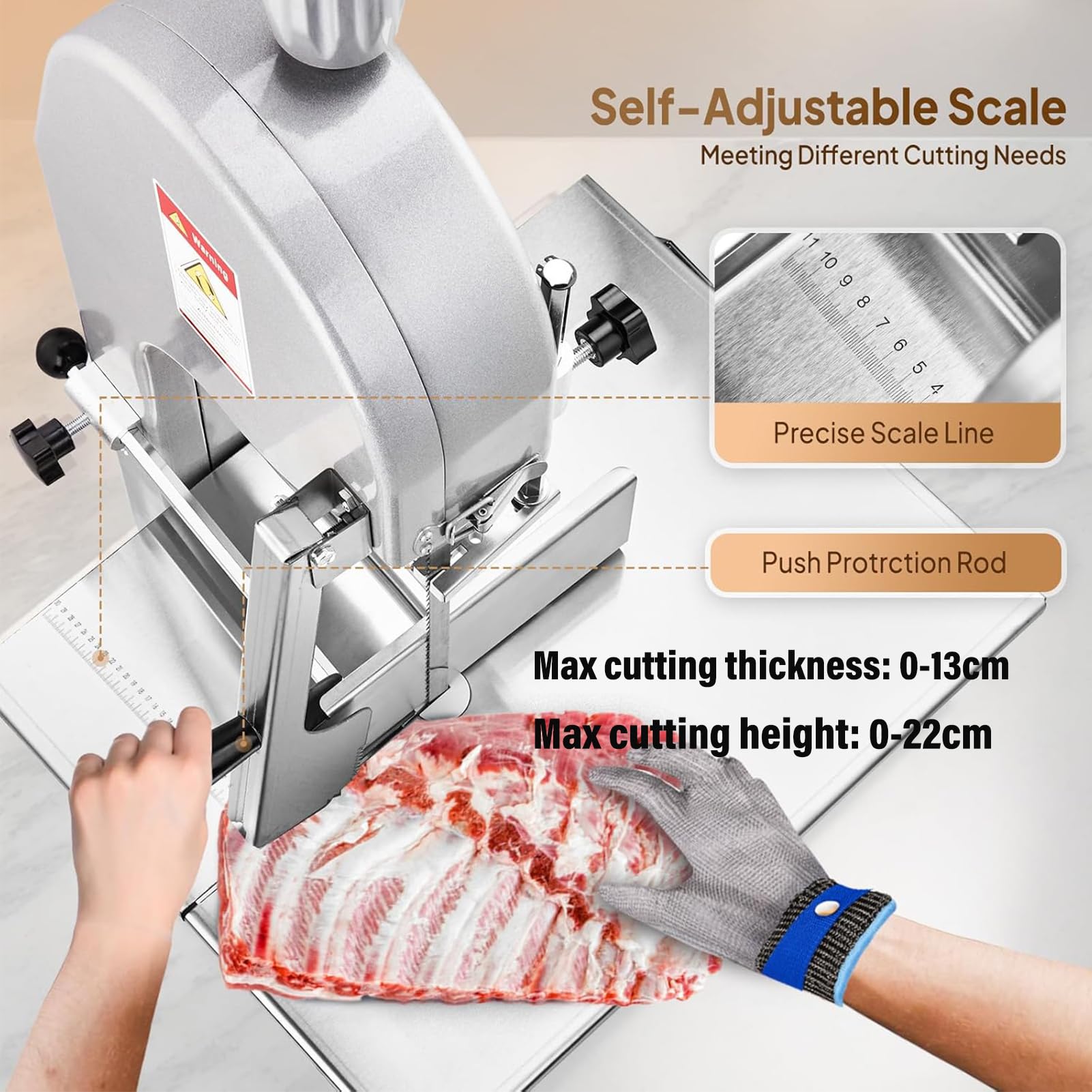 Sierra Eléctrica 1100 W Comercial para Huesos de Carnicero Sierra de Cinta para Huesos,para Carne y Huesos Congelados Mesa 44x31 cm,Espesor 0-13 cm para Carnicería, 8 Cuchillas