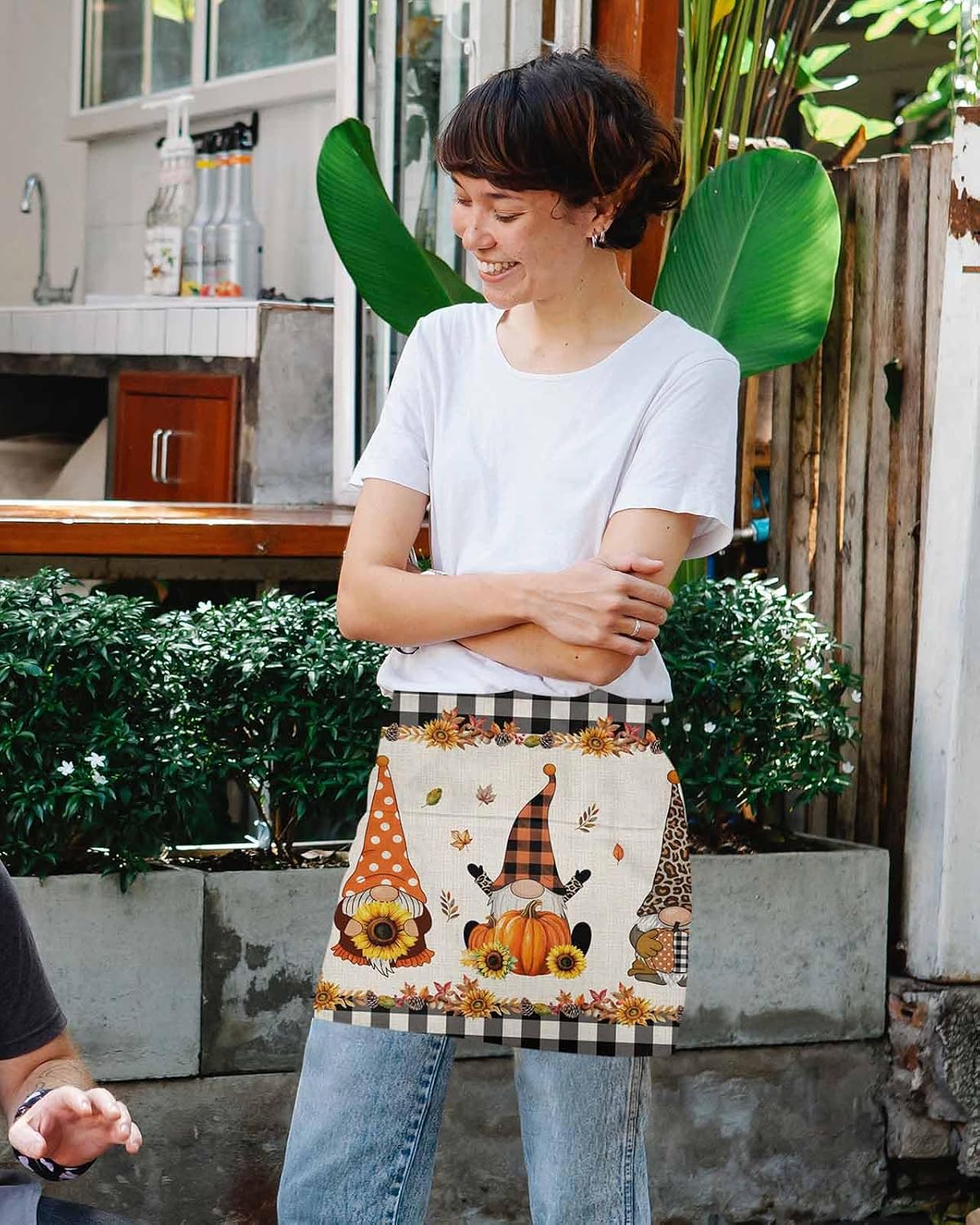 Happy Thanksgiving Gnomes Maple Leaves Server Aprons with Pockets, Black Buffalo Plaid Lace Waist Aprons Waitress Apron