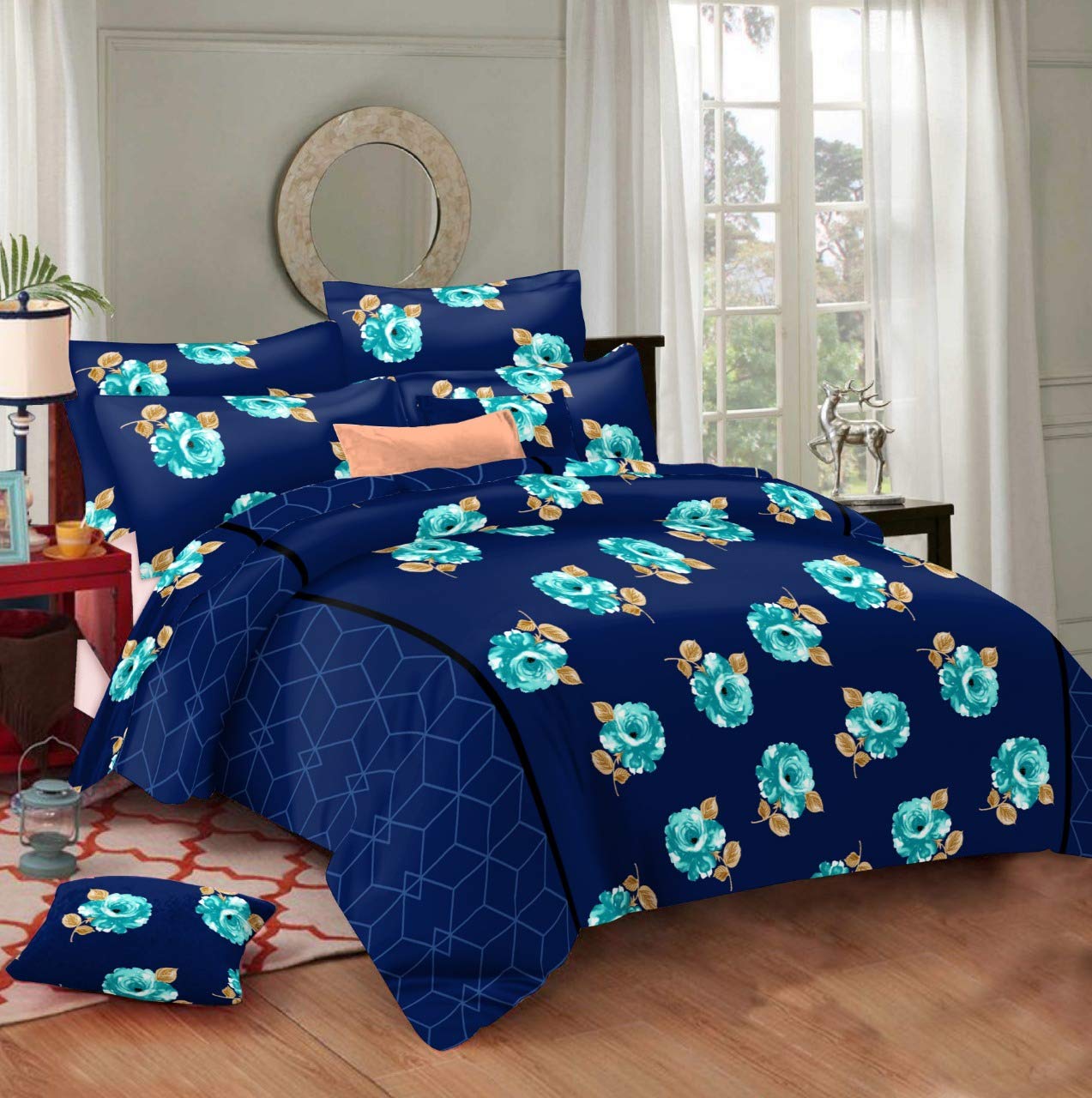 Manbhaavan Creations Marigold Procian Cotton King Size Printed Double Bedsheet with 2 Pillow