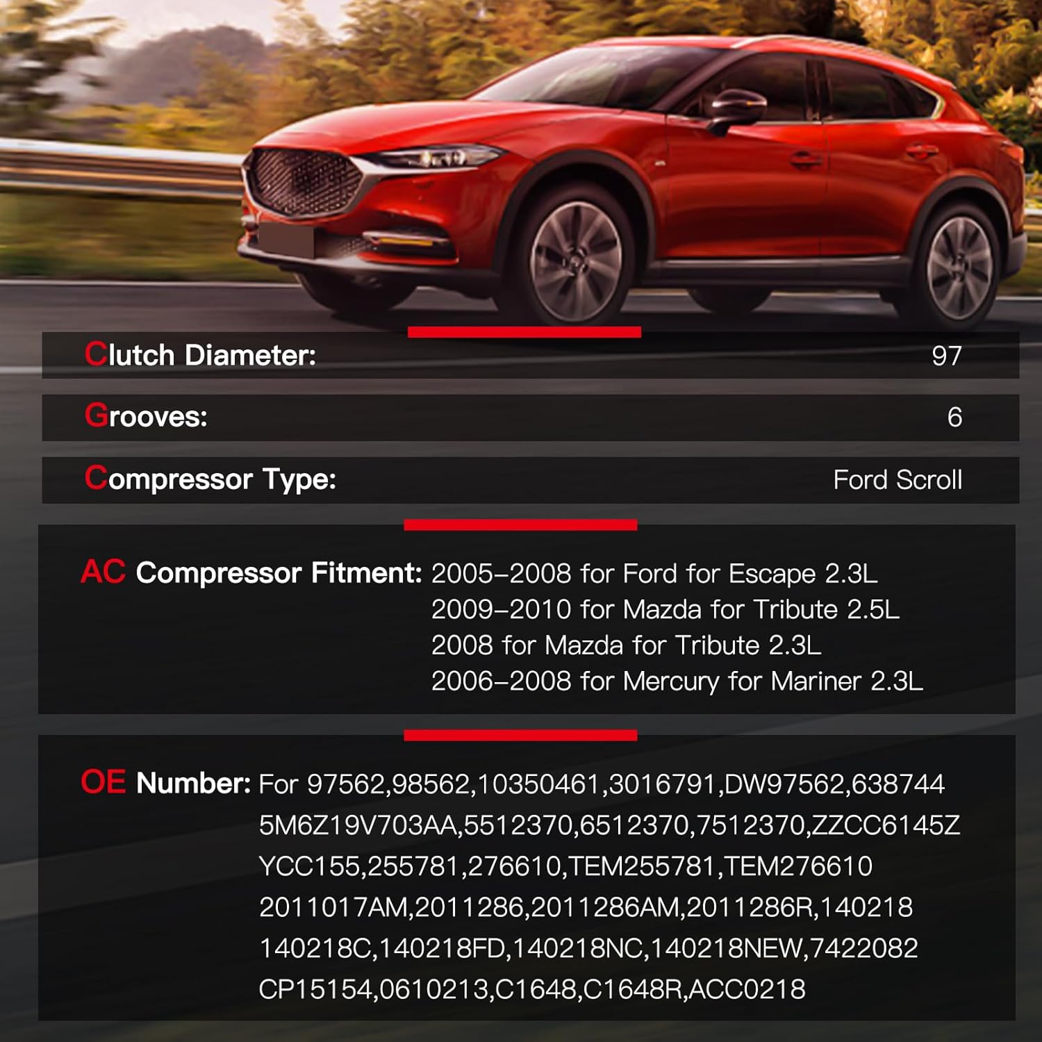 cciyu Air Conditioning Compressor for Fit for Ford Escape for Mazda Tribute for Mercury Mariner 2.3L 2.5L 2005-2010 Replaces AC Compressor for Car