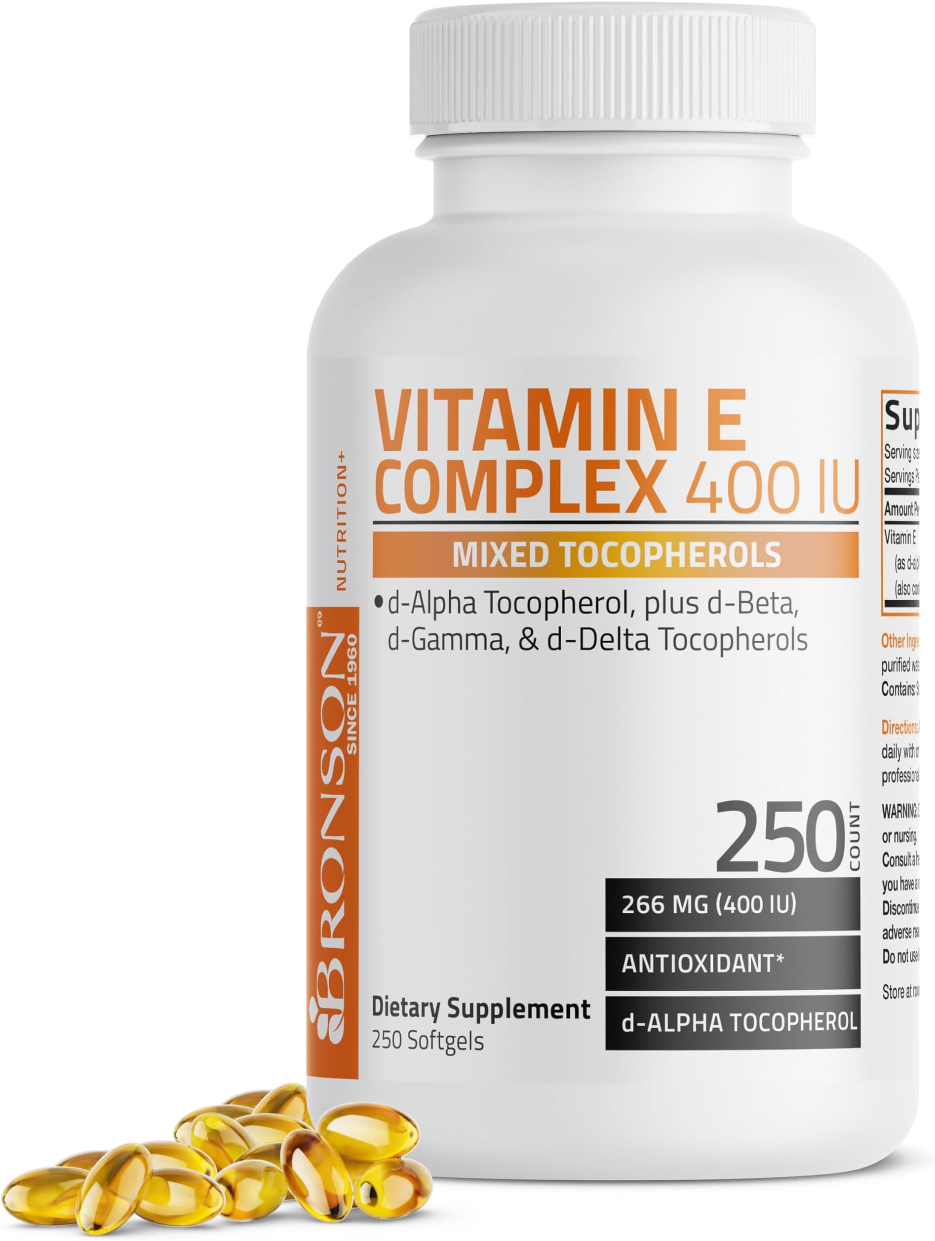 Natural Vitamin E Complex Supplement 400 I.U. (80% D-Alpha Tocopherol), Natural Antioxidant Helps Protects Against Free Radicals, 250 Softgels