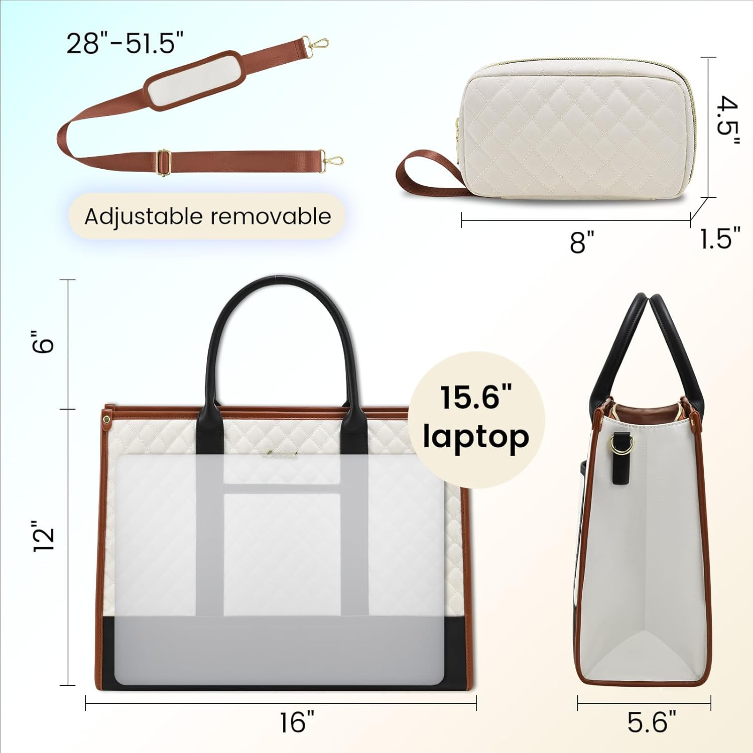 LOVEVOOK Laptop Bags for Women, 15.6 inch Waterproof Work Tote Bag with Clutch, Professional Teacher Computer Purse Lightweight Shoulder Bag Travel, Black White Brown - Image 6