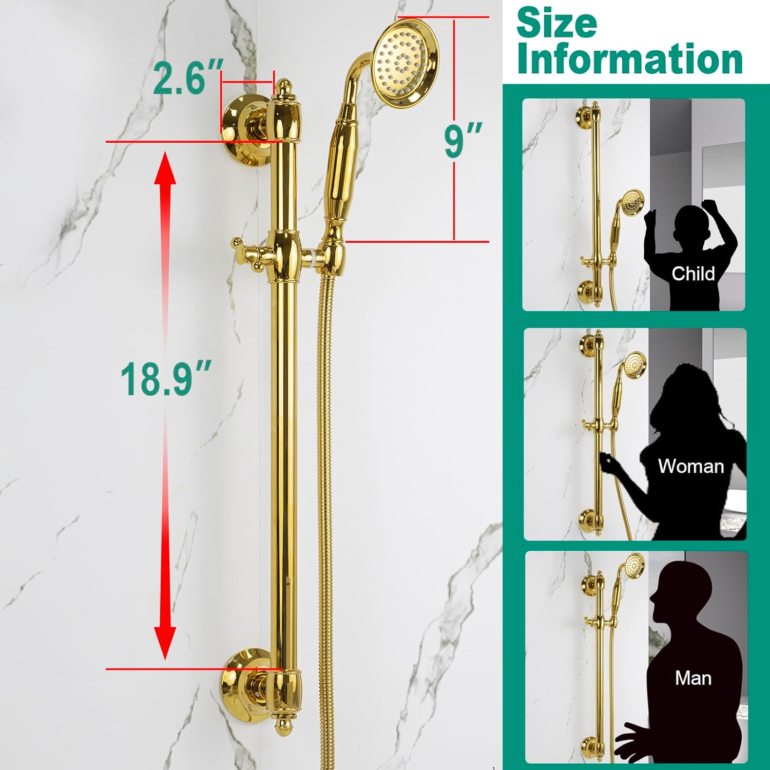 Vintage Gold Showerhead Slide Bar with Handheld Shower Head Brass Adjustable Height Wall-mounted with 59 inch Hose for Bathroom Gold