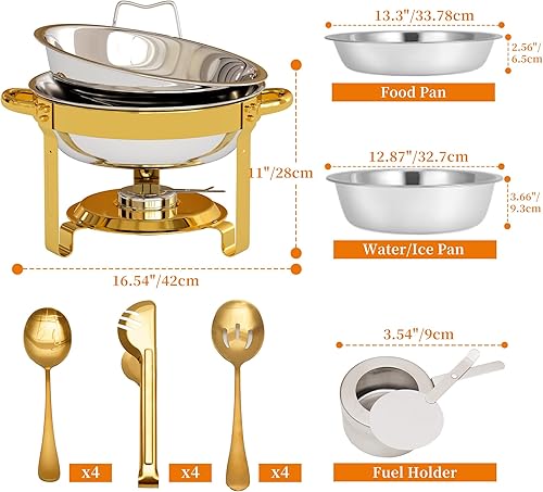 Miniatura 3 de Paquete de 4 platos redondos dorados para bufé, calentadores de alimentos de 5 cuartos de galón y servidor de alimentos fríos para fiestas, eventos