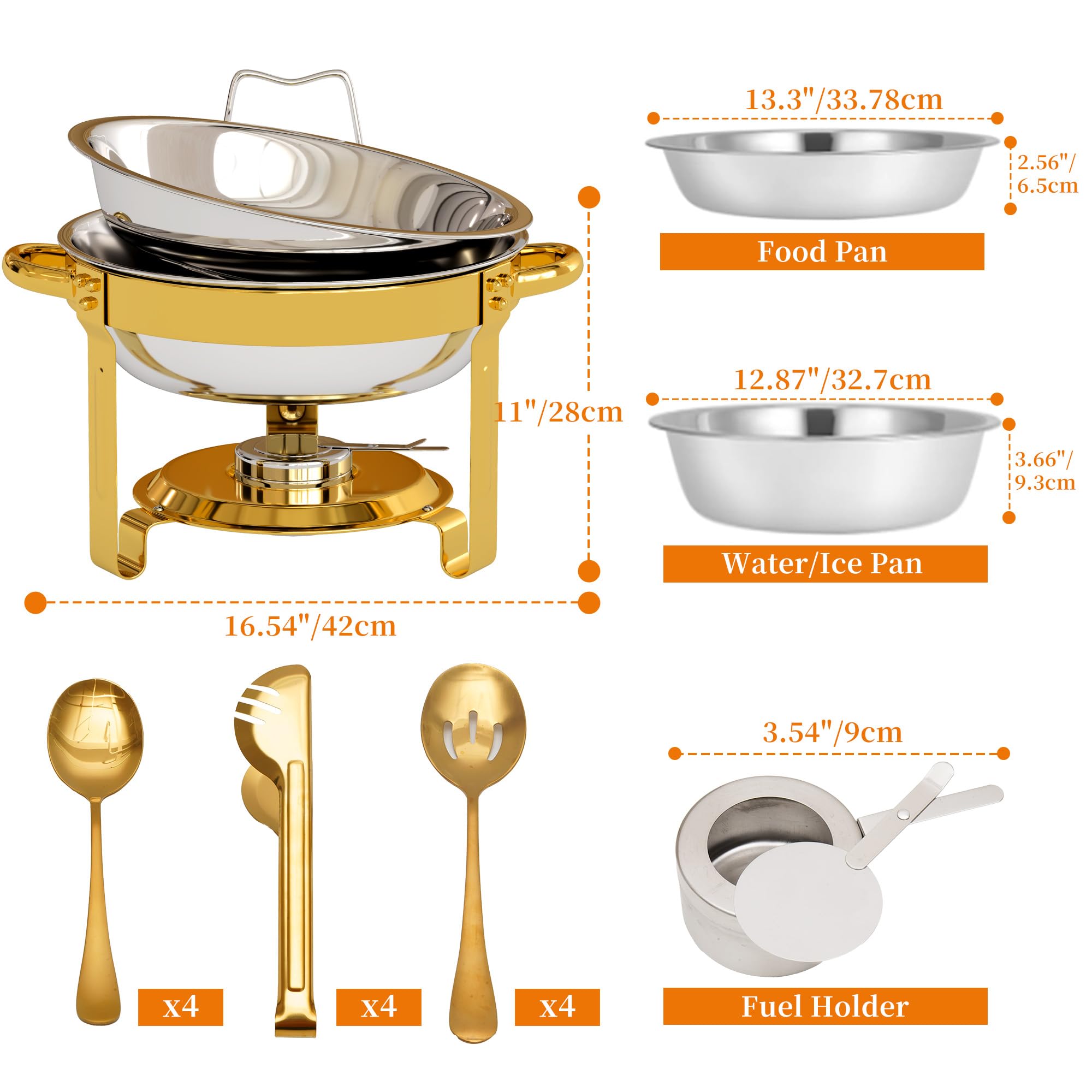 4 Pezzi Oro Rotondo Scaldavivande Buffet Set, 5 QT Buffet Catering Server con Coperchio Trasparente e Utensili, Inox Food Warmer per Feste, Matrimoni, Eventi di Catering All'aperto