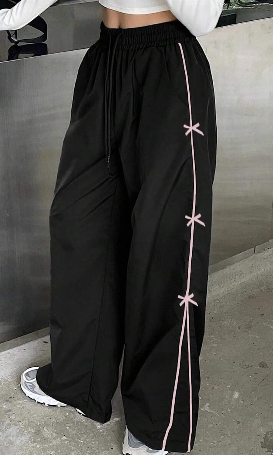 Women's Bow Wide Leg Sweatpants Elastic Waist Casual Baggy Pants Army Green XL - Image 3