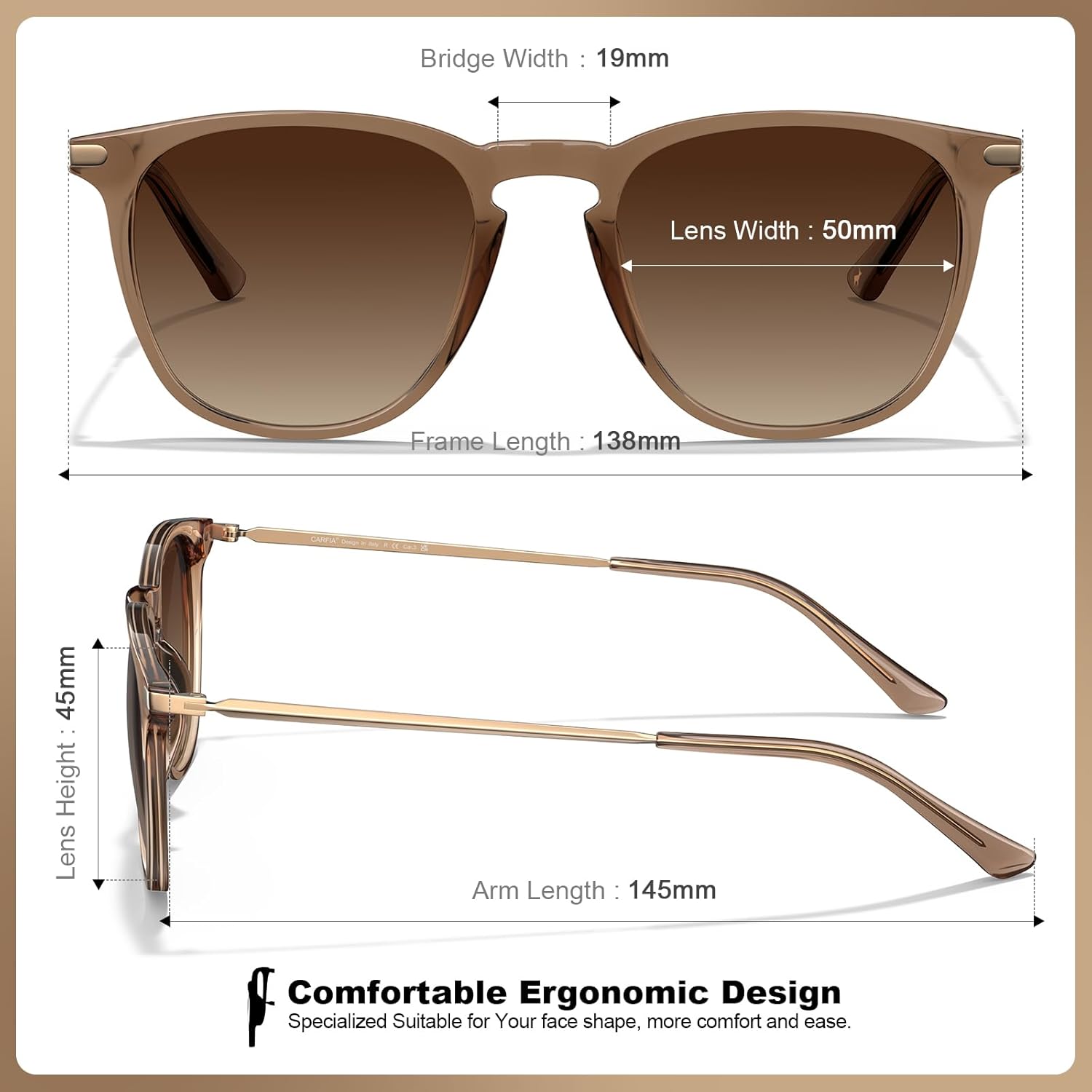 CARFIA Retro Lightweight Polarized Sunglasses for Women UV Protection, Square Ladies Sunnies Outdoor Driving Eyewears CA32R