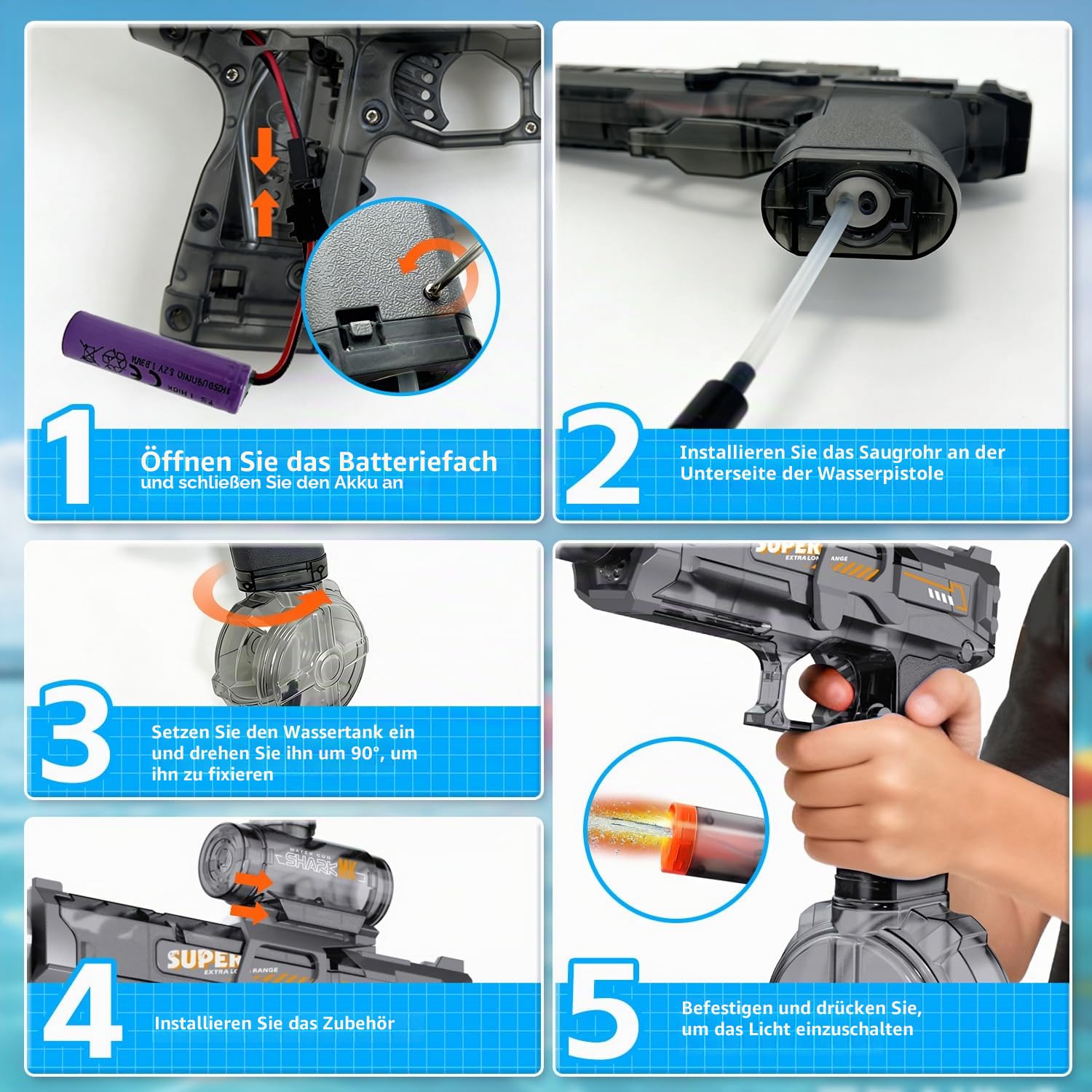 4 Pack Wasserpistole Elektrisch, Wasserpistolen mit Cooler LED-Flamme, 8-10 M Reichweite, Wasserpistole kinder für Schwimmbad, Strandparty, Sommer-Spielzeug im Freien für Jungen und Mädchen 3-12 Jahre