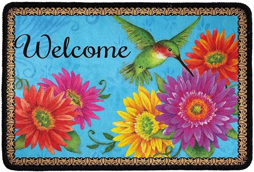 Welcome Door Mat Hummingbird Gerberas Print Indoor Outdoor Non Slip Rubber Durable Washable Home Decorative Doormats Rugs for Entrance Bedroom Bathroom Kitchen 24x16 in