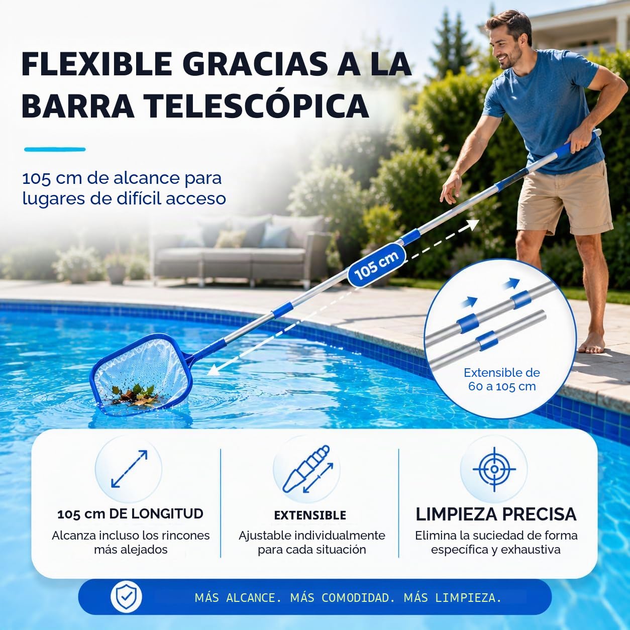 TK Gruppe Timo Klingler Red de piscina con mango telescópico de 105 cm – Red para estanque para limpieza de piscinas y estanques, ideal para piscina desmontable, algas, jacuzzi, piscina Bestway y