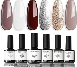 modelones Gel Nail Polish Set 6 Colors Fall Winter White Nude Brown Gel Polish Maroon Burgundy Red Champagne Gold Silver Tan Nail Art Design Kit Basic Soak Off Manicure Salon DIY Gift for Women Girls