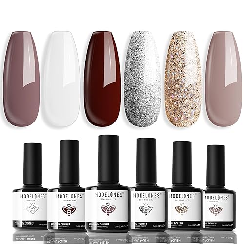 Miniatura 10 de Modelones Juego de 6 esmaltes de uñas de gel con diseño de ojo de gato, color nude con brillantina, impresionante brillo morado oscuro, dorado,