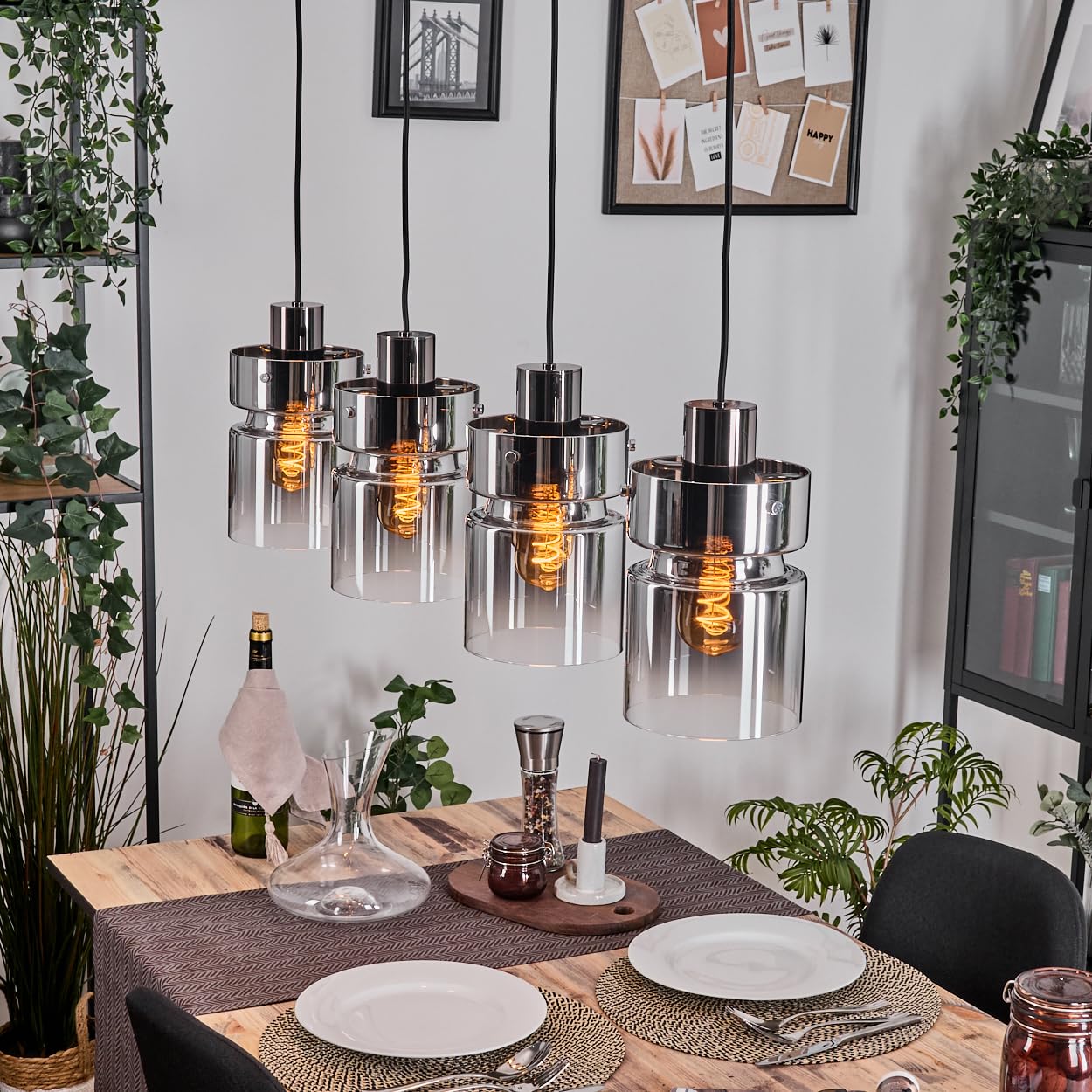 HOFSTEIN Hasvik Pendant lamp, 4-Burner Metal/Glass Pendant lamp in Black/Chrome/Smoke, Retro/Vintage Design (Ø 15 cm), E27, Height Adjustable up to 150 cm, Dining Room, Living Room, Kitchen
