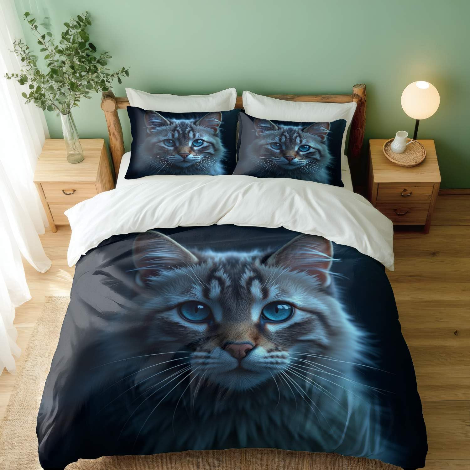 Parure de lit chat effet 3D au motif hypnotique pour chambre à coucher