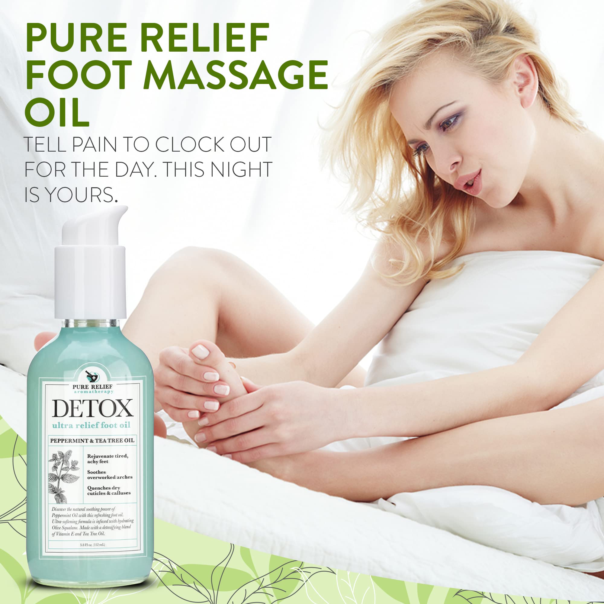 Foot Massage Oil for Sore Muscles – 3.8 Oz. Pedicure Foot Spa Oil Pump with Peppermint Oil, Tea Tree Oil, Vitamin E, and Coconut Oil for Skin and Muscle Soothing – Foot Care Products by Pure Relief