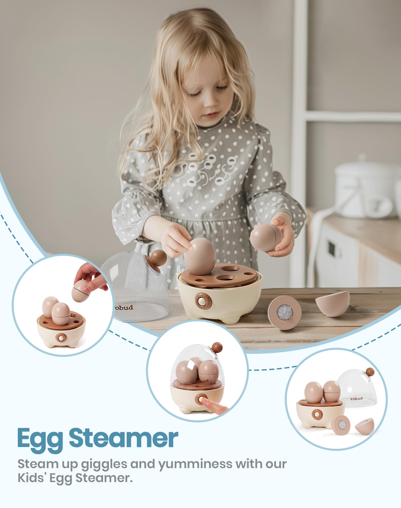 ROBUD Set di accessori da cucina per bambini, utensili da cucina, accessori per la cucina dei bambini, in legno per bambini, tostapane, frullatore, frullatore ad immersione, cuociuova – suoni