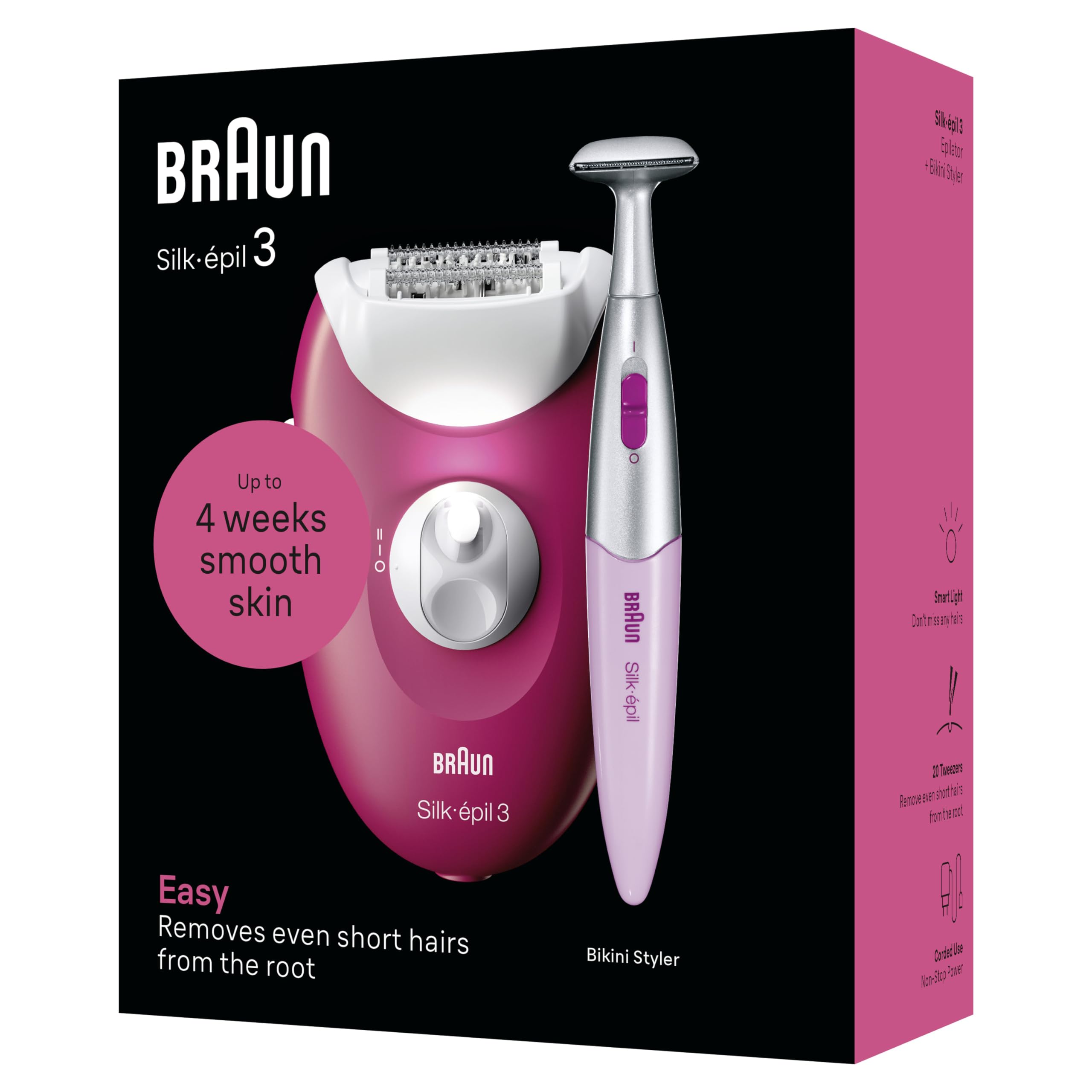 Braun Silk-Épil 3 Epilatore Elettrico Donna, Rasoio Elettrico Donna, con Cavo per Epilazione, Pelle Liscia per Settimane, con Rifinitore Bikini Styler, 3-202, Rosa Lampone