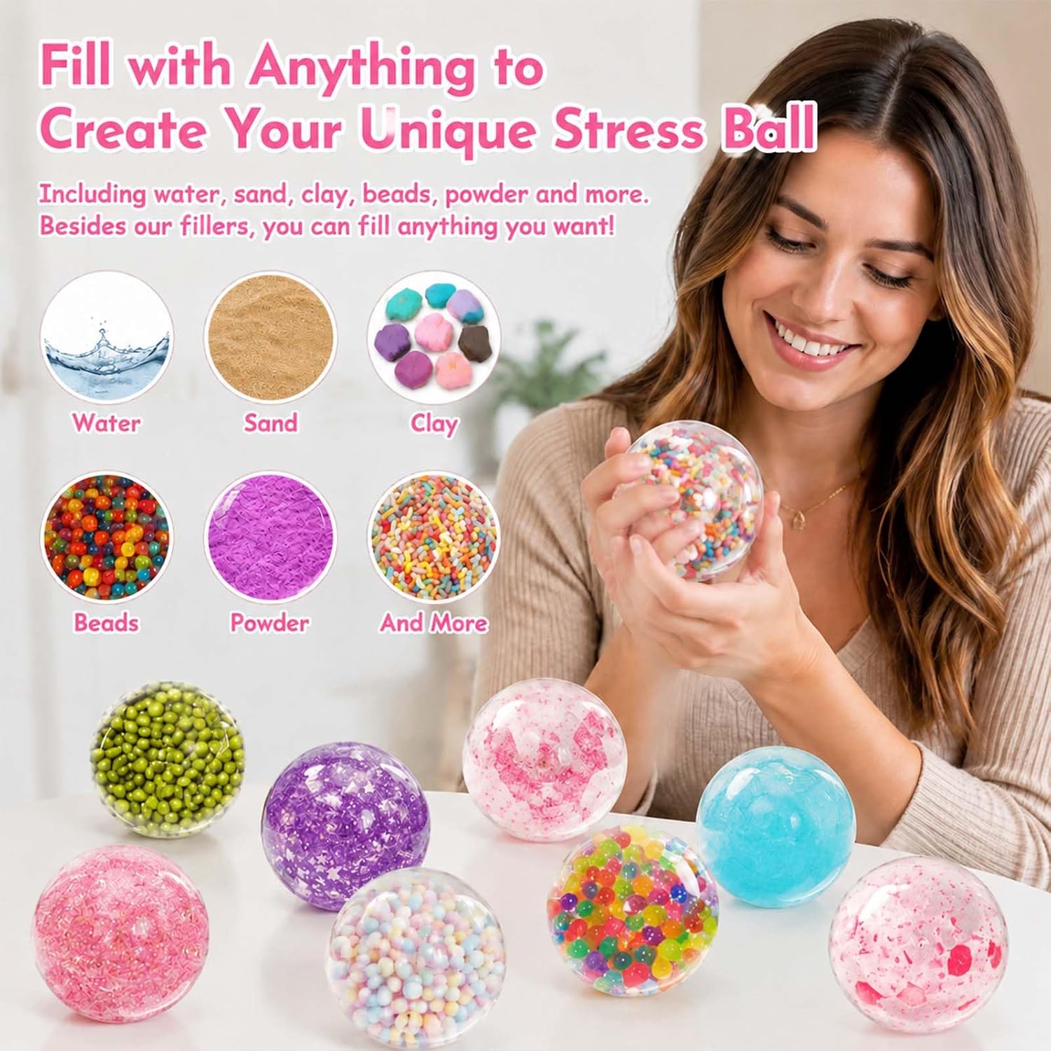 DIY Stress Ball Kit, 15 Clear Squishy TPR Skins with 6 Fillings & 12 Clay