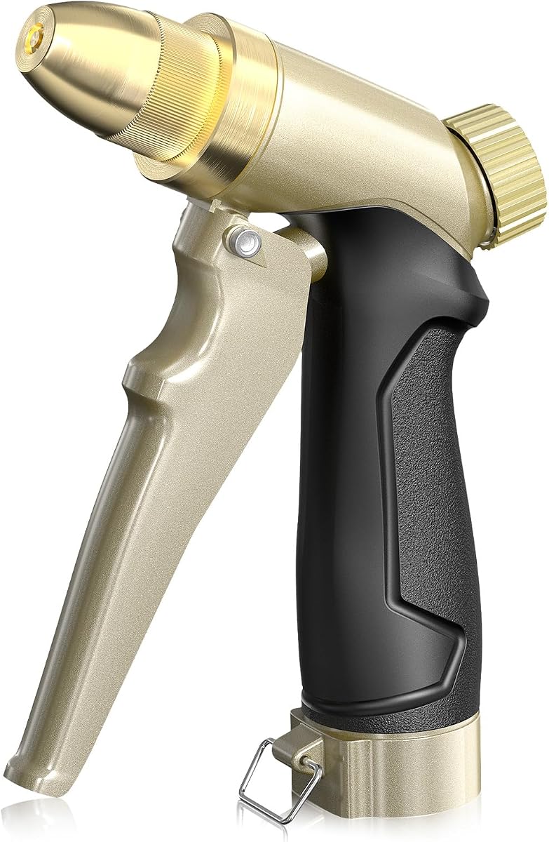 Garden Hose Nozzle, 100% Heavy Duty Metal Hose Sprayer, High Pressure Water Hose Nozzle with Adjustable Spray Patterns and Flow Control for Watering Plants, Car Washing, Pet Washing, Gold
