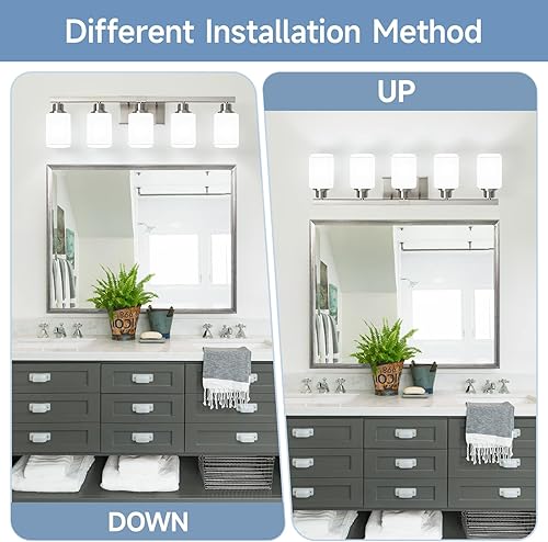 Miniatura 4 de Lámpara de tocador de baño de 5 luces, luces de tocador de níquel cepillado con vidrio esmerilado cuadrado, lámparas modernas de pared de baño sobre