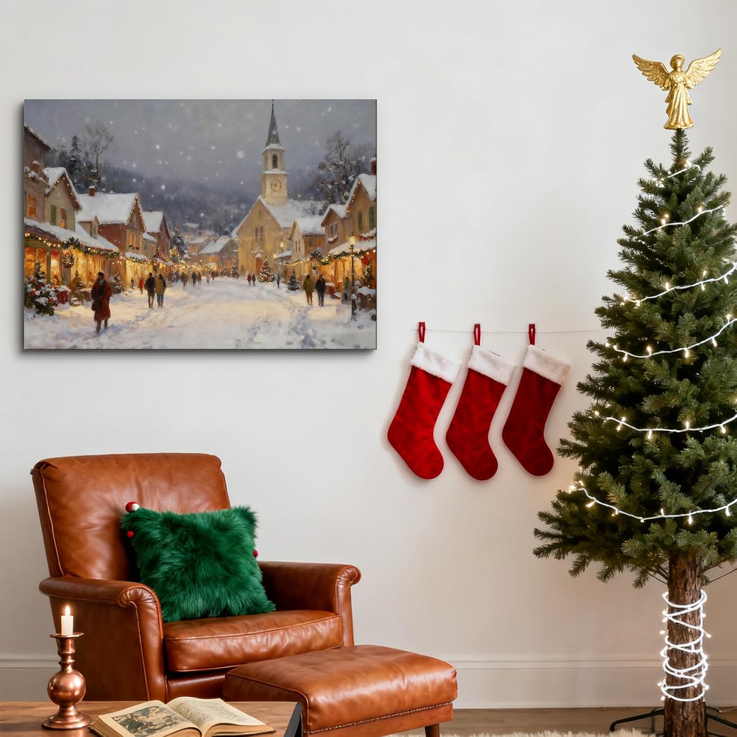 Vintage Snowy Christmas Town Framed Canvas Wall Art, Rustic Winter Church Village Pictures Wall Decor Country Nature Holiday Prints for Bedroom Farmhouse 12x16inch