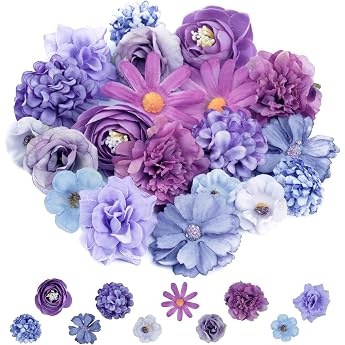Neerow Artificial Flowers for Crafts 20 Pieces Flowers for Crafts with 10 Styles for DIY Cake Decoration Wedding Home DIY Scrapbooking Purple