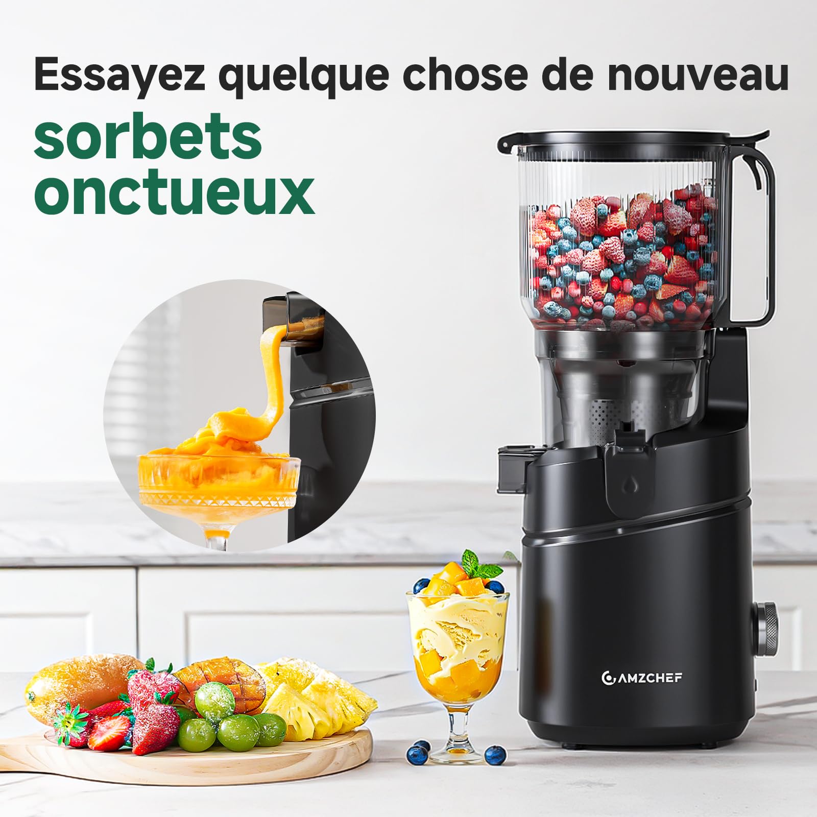 AMZCHEF Extracteur de jus automatique 250W, ouverture 150 mm, capacité 2L, noir