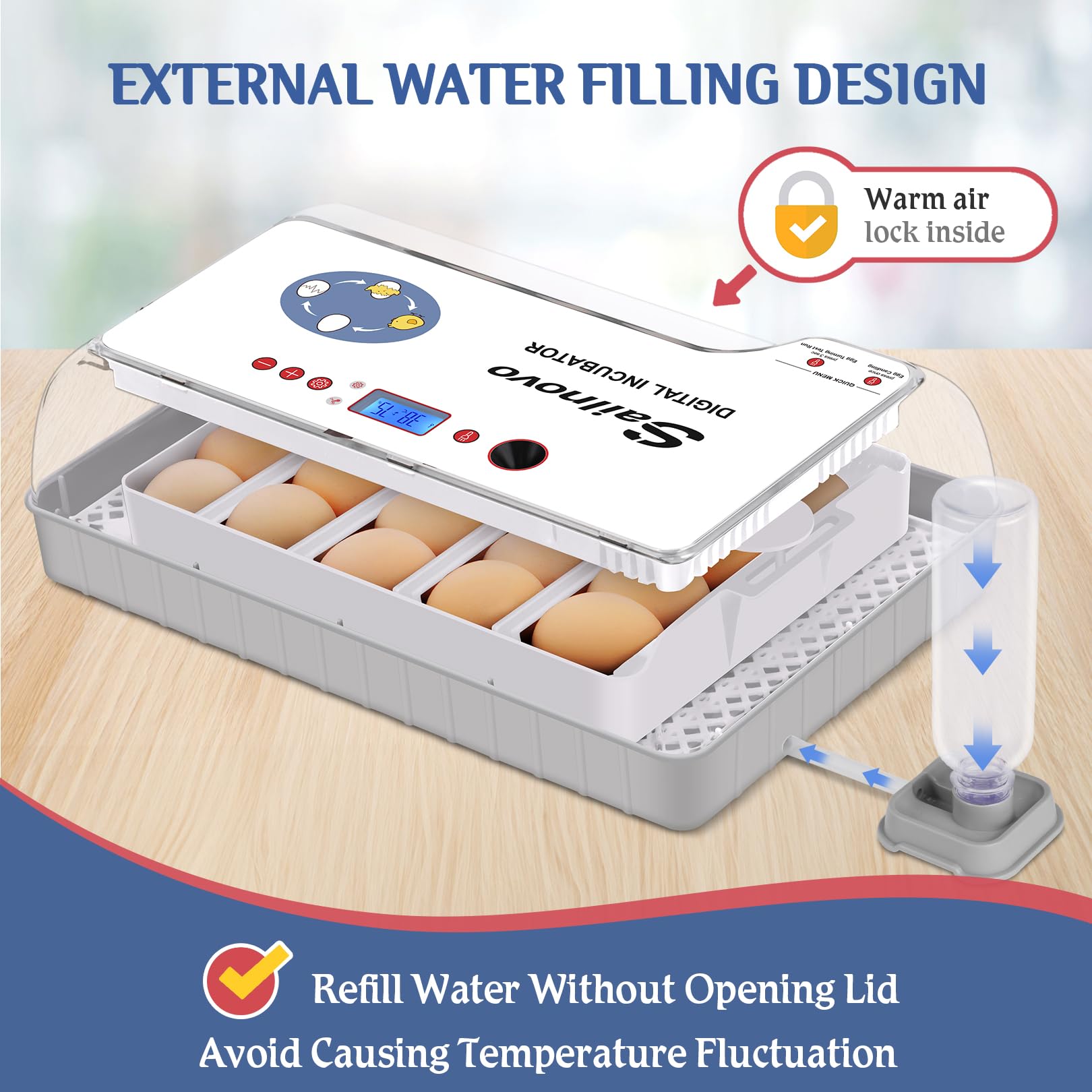 Sailvono 20 Incubateur entièrement automatique, avec ajout d'eau externe, contrôle de la température, éclairage LED, retournement automatique des œufs, de poules - Blanc