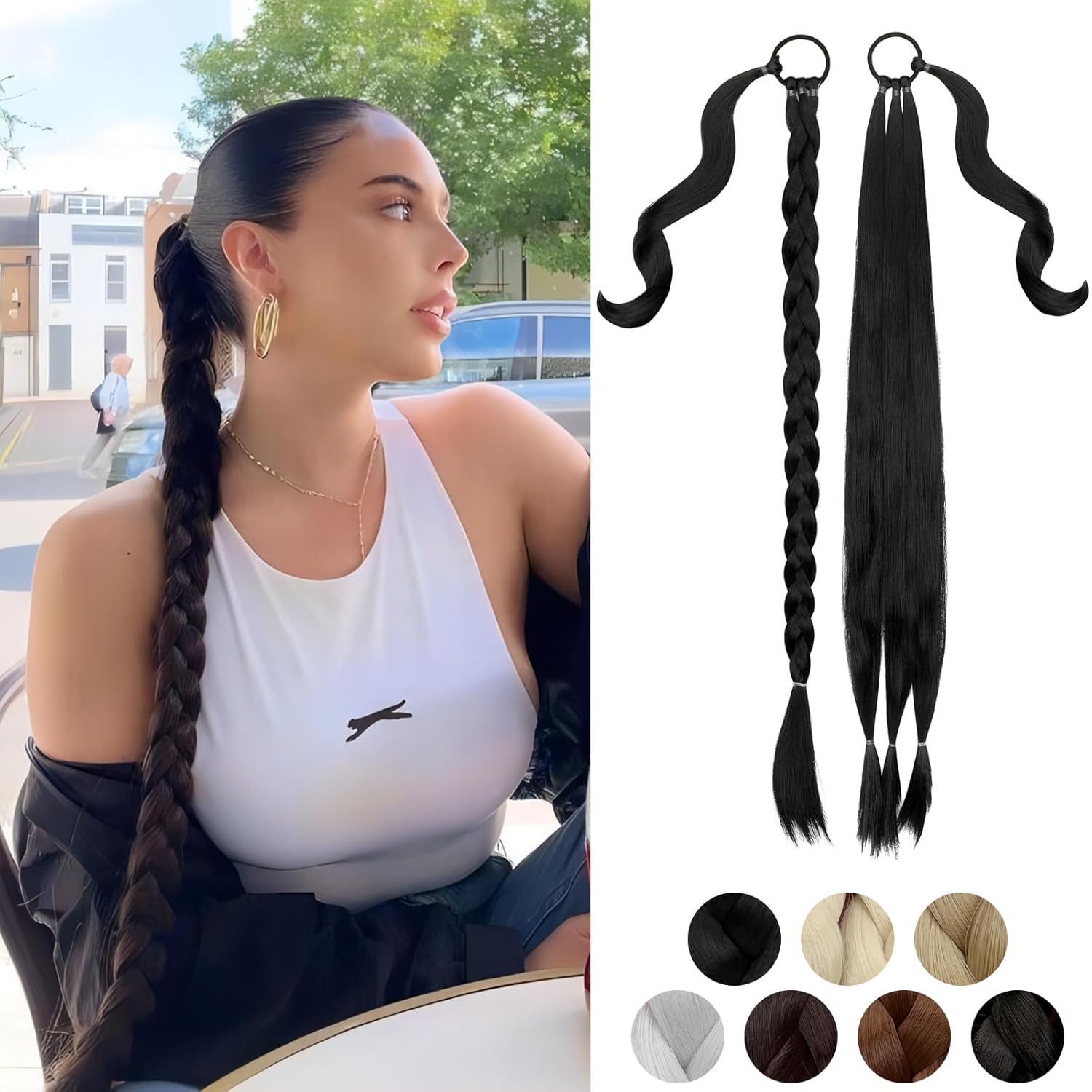 Braided Ponytail Extension 26” 30” DIY Long Braid Hair Extensions Ponytail with Elastic Tie Straight Wrap Around Natural Soft Synthetic Hairpiece for Women Dark Black