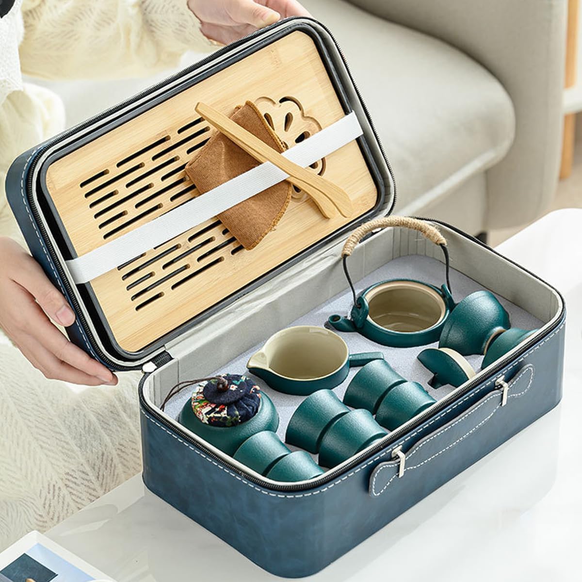 Tetera con colador, juego de té de porcelana, tetera de viaje chino y 6 tazas, mango de cuerda de cáñamo, juego de té para té suelto, regalo para los amantes del té, verde