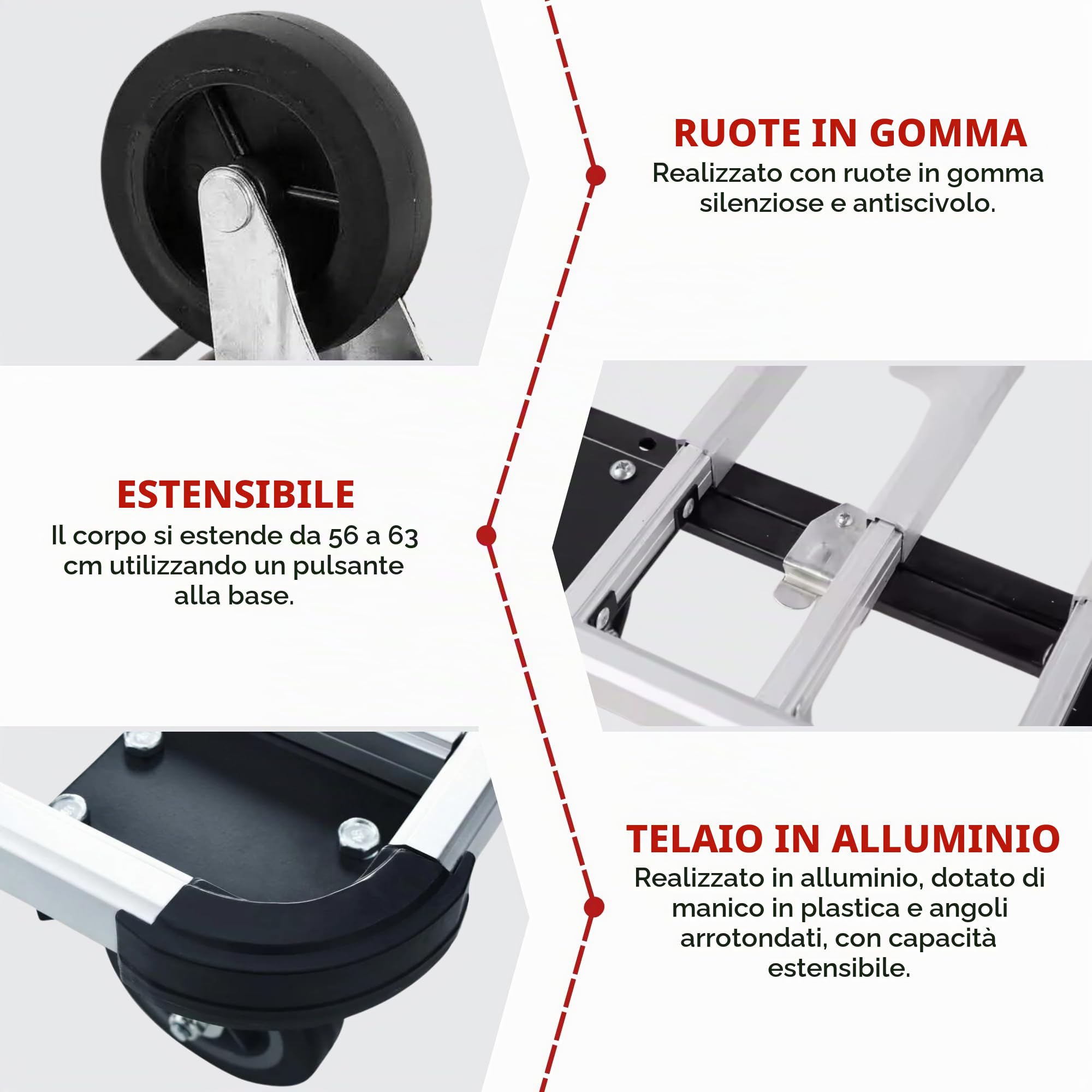 Carrello Manuale in Alluminio, Carrello a Mano Pieghevole Allungabile con 4 Ruote Antiscivolo, Carrello a Pianale con Portata 150 kg, Carrello di Trasporto in Magazzini, Giardino, Casa, Traslochi