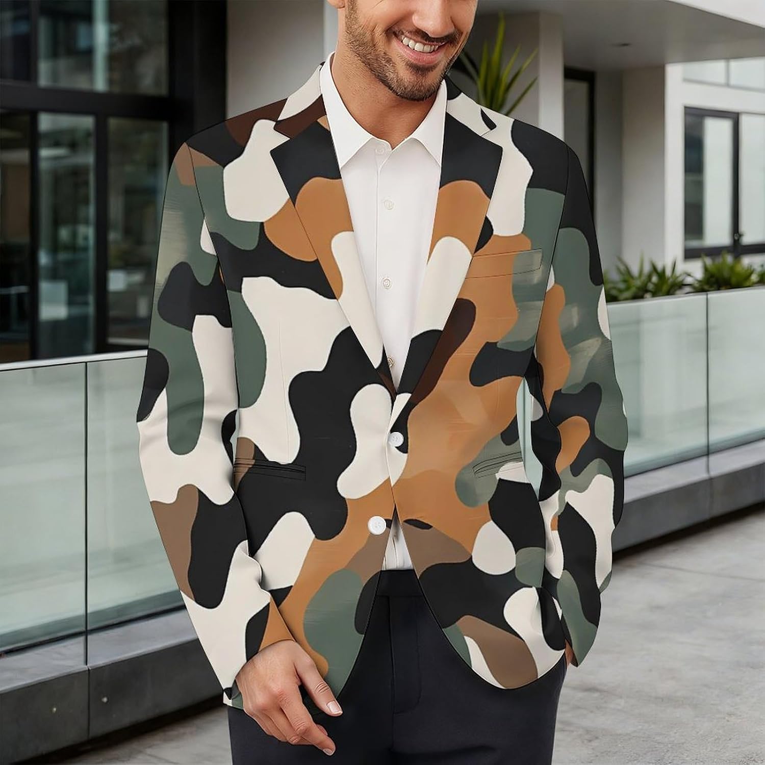 Camouflage Print Mens Casual Blazer Two Button Lightweight Sport Coat Suit Jacket