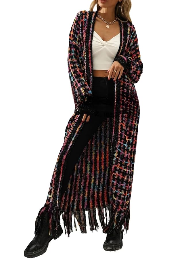 Womens Long Cardigan Sweater Boho Fringe Tassels Open Front Chunky Knit Coat 2026 Fall Winter Western Hippie Clothes