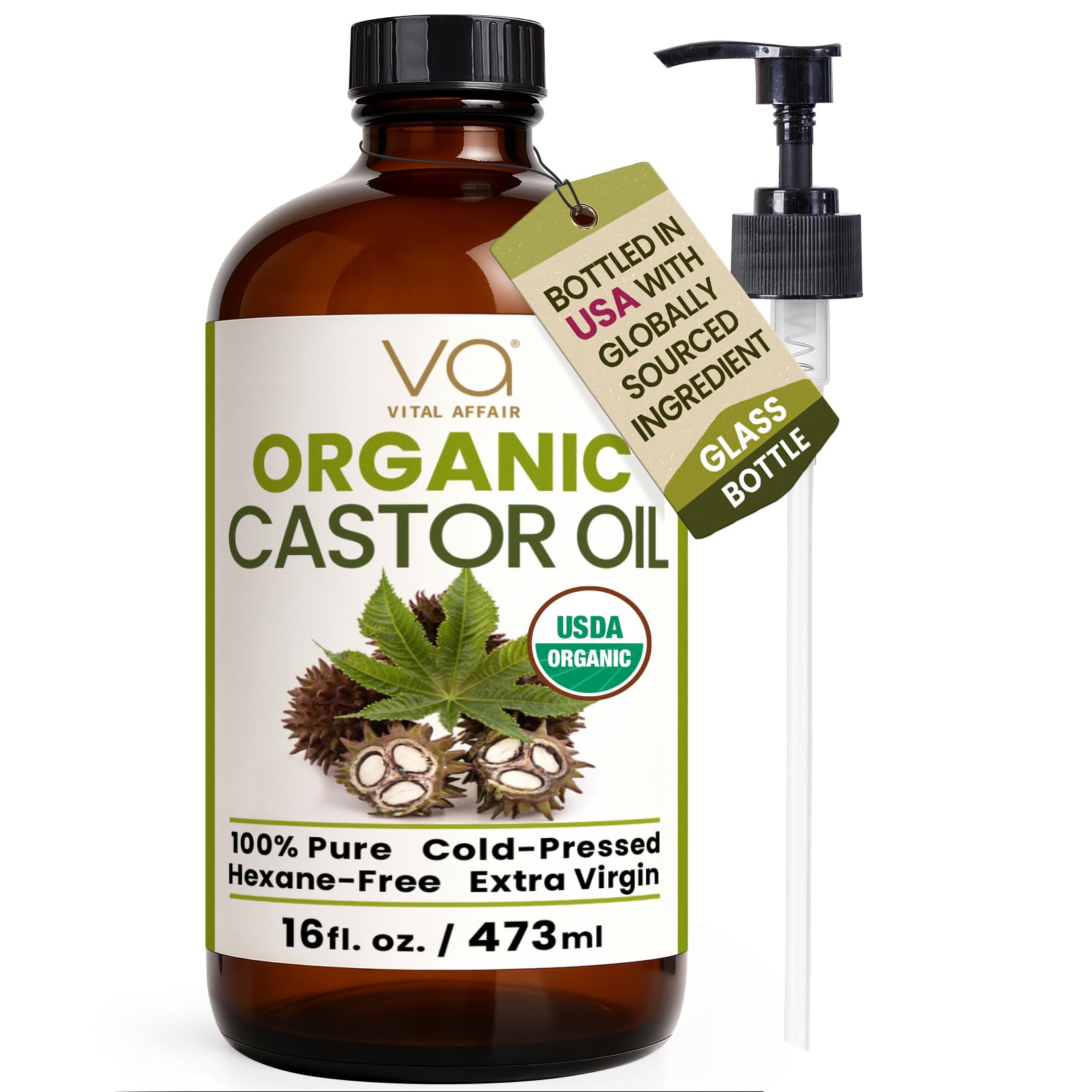 VITAL AFFAIR Aceite de ricino orgánico prensado en frío botellas de vidrio sin refinar-Usda Certified Organic Castor Botella de vidrio prensado en frío para paquete Aceite