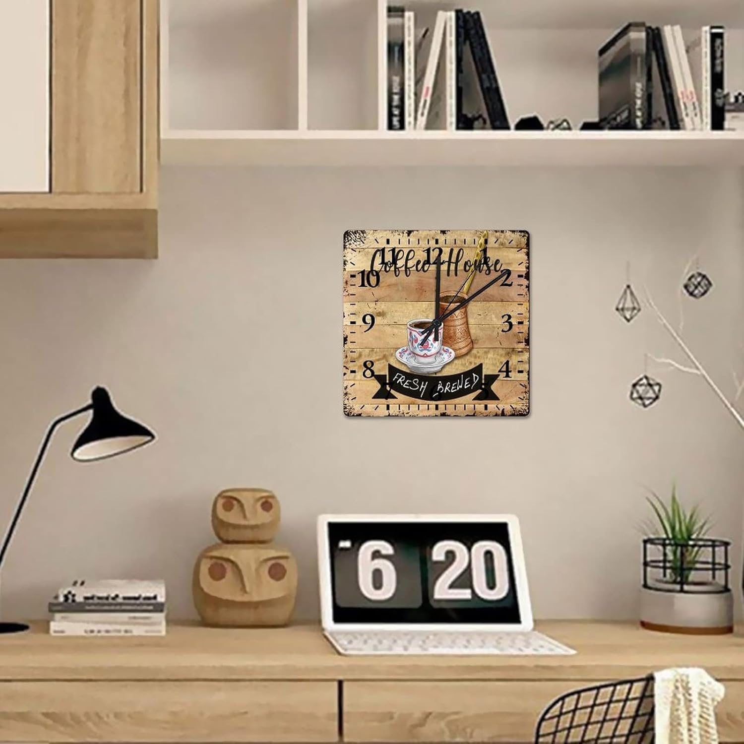 Wooden Clocks Coffee House Indoor Wall Clocks Battery Operated Silent Arabic Numbers Vintage Coffee Square Clock for Dining Room Decor 10 Inch