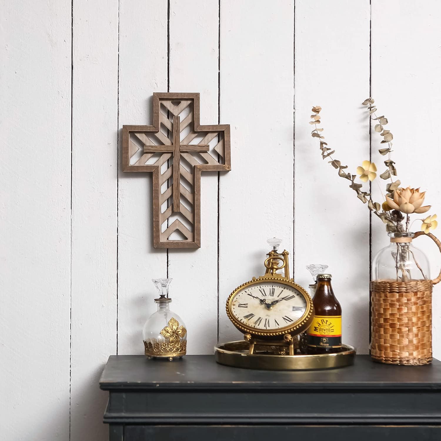 Crucifix Wall Cross - 12 Inch Handmade Unique Rustic Wooden Catholic Spiritual Art Church Home Room Decor - Brown