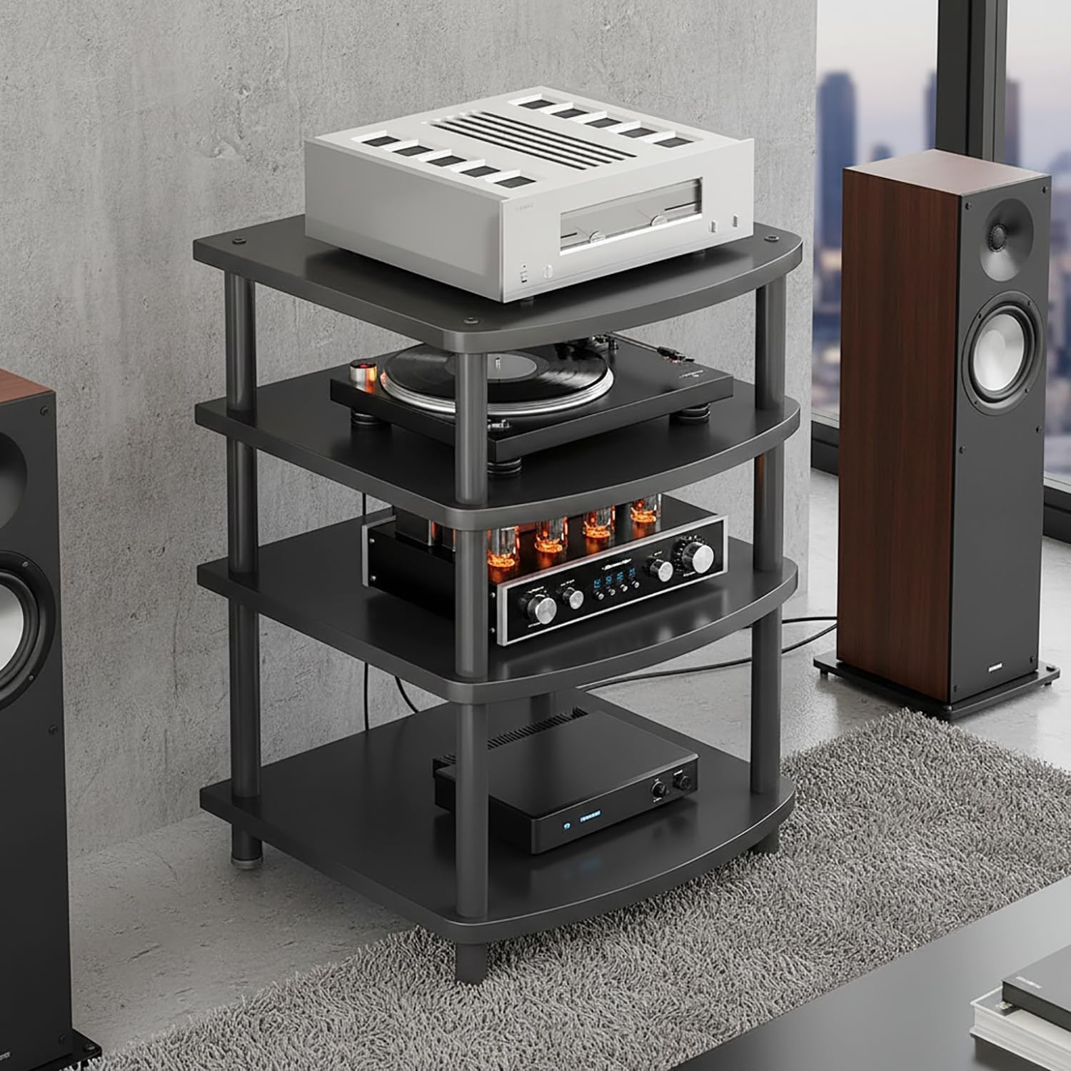 Supporto AV multimediale a torre regolabile in altezza, mensola per console di gioco TV, CD/giradischi stereo componente rack armadio per home cinema studio (3 livelli)