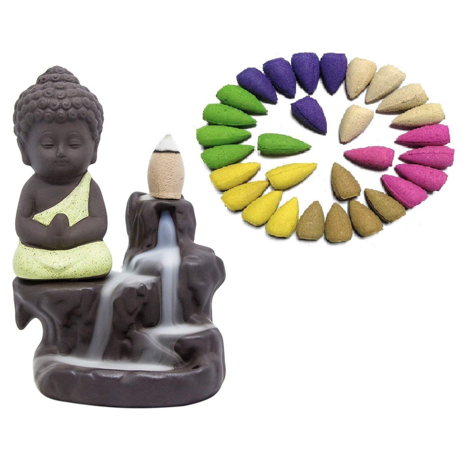 NYRWANA Incense Burner Smoke Waterfall Backflow Holder Ceramics Porcelain Buddha Little Monk Smoke Fountain (Yellow)