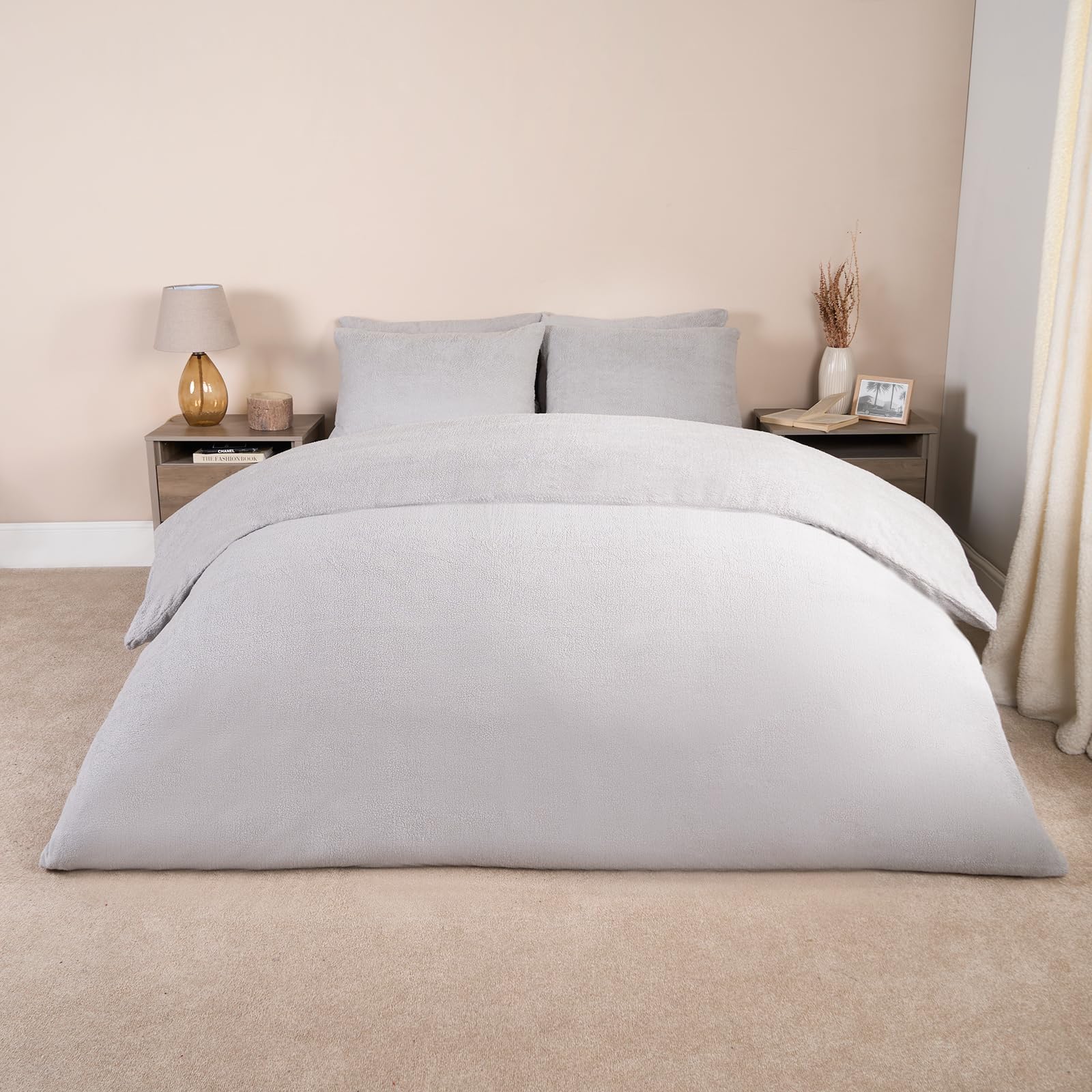 Teddy Fleece Duvet Cover Set - Silver / Double