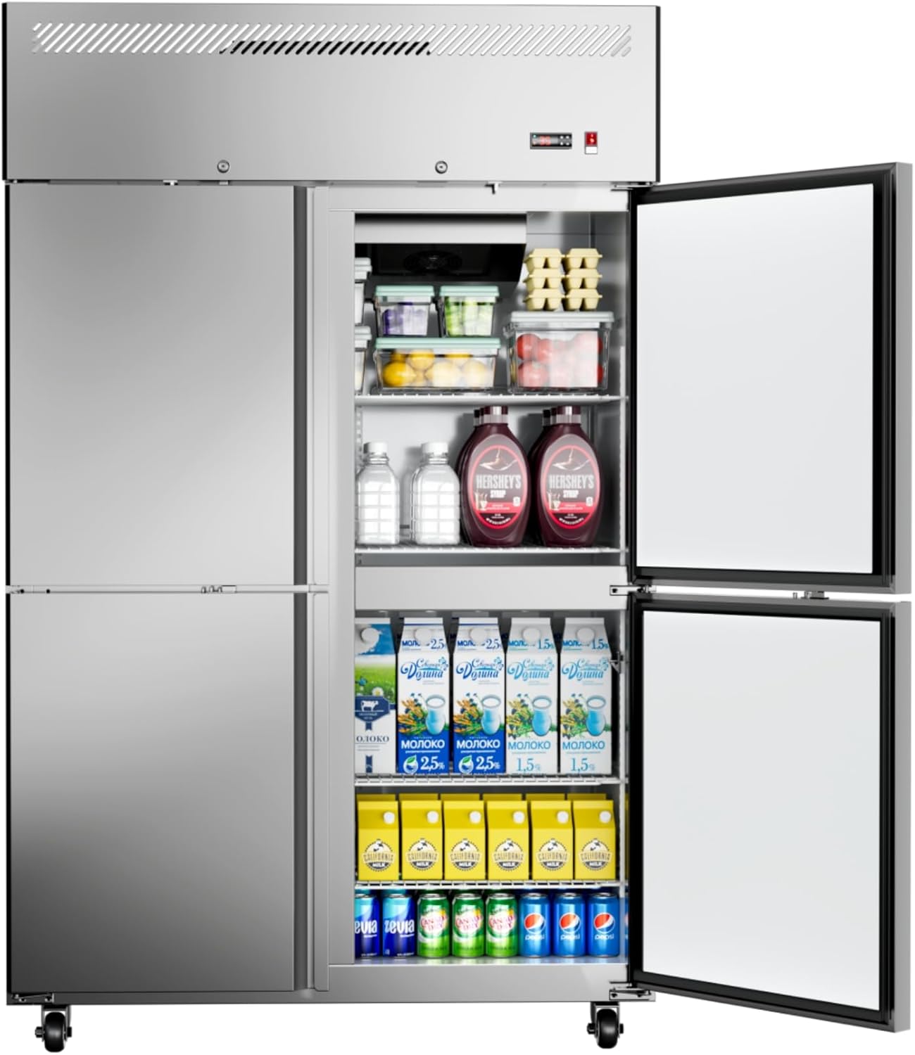 Commercial Refrigerator 48" W 4 Door Stainless Steel Reach-in Solid Door Upright Fridge Fan Cooling 36 Cu.ft Refrigerators 32-47°F for Restaurant, Bar, Shop